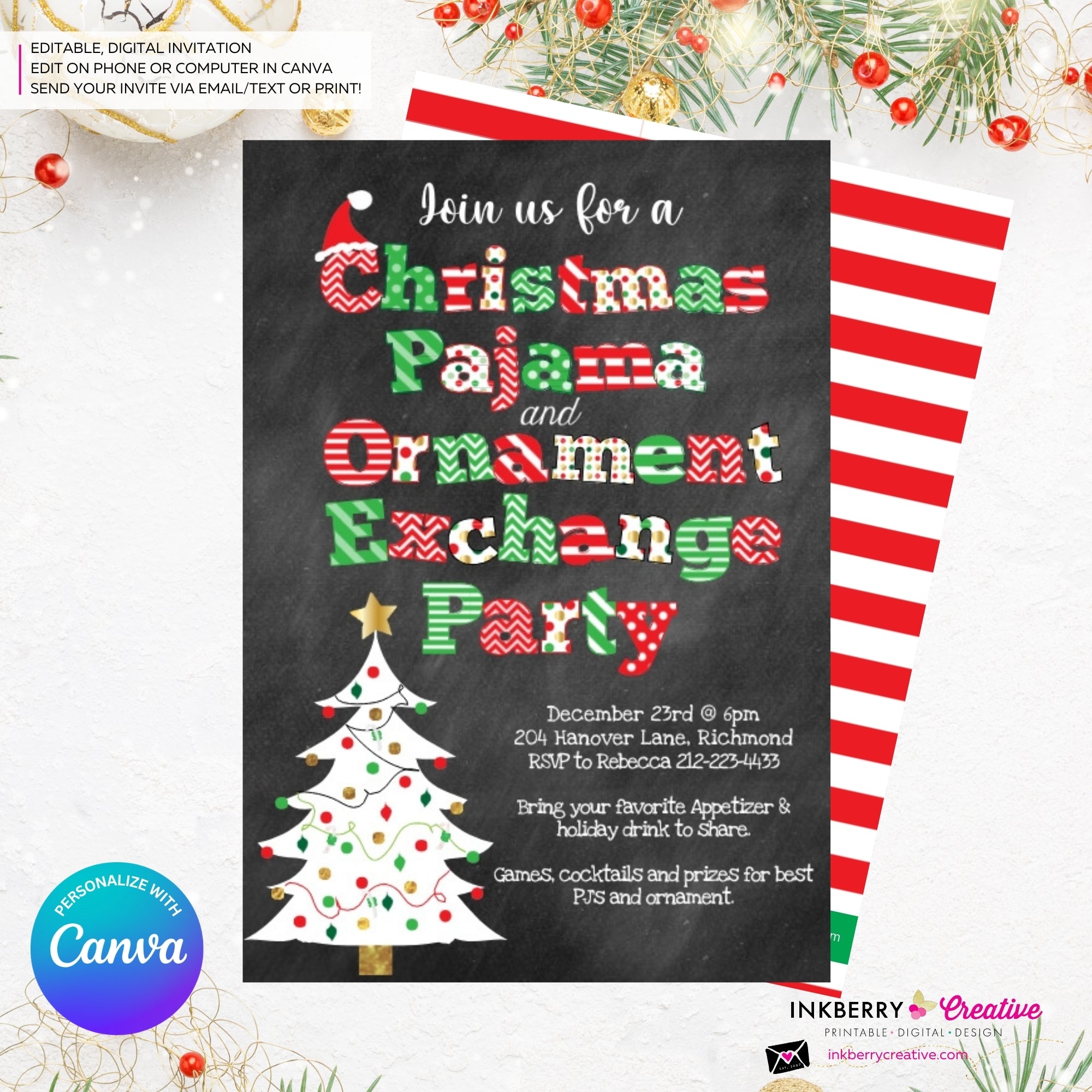 Christmas Pajama and Ornament Exchange Party Invitation - Chalkboard - Editable in Canva