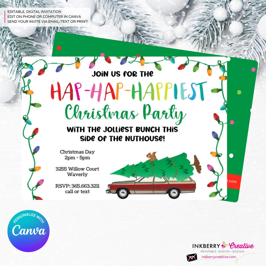 Hap Hap Happiest Christmas Party, Christmas Vacation Theme, Tree Station Wagon Squirrel Party Invitation - Editable in Canva