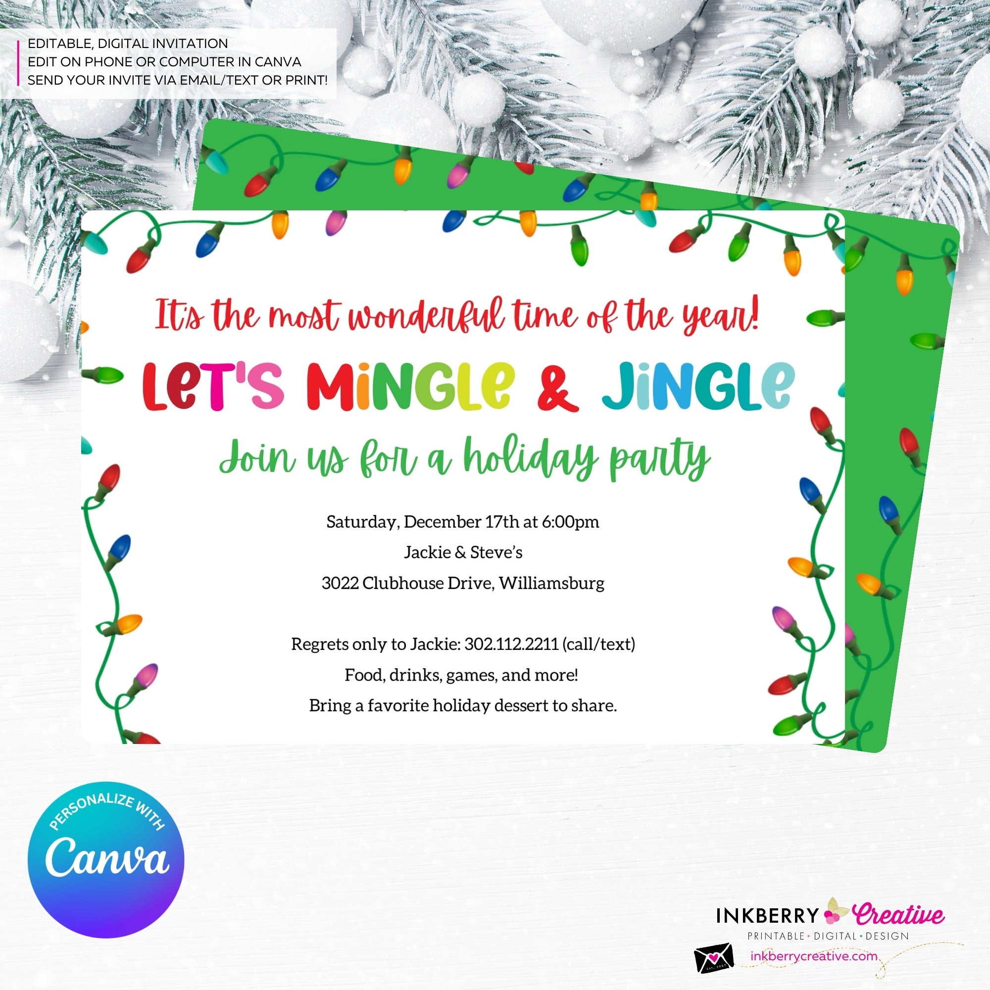 Mingle Jingle Colorful Christmas Lights Party Invitation - Editable in Canva