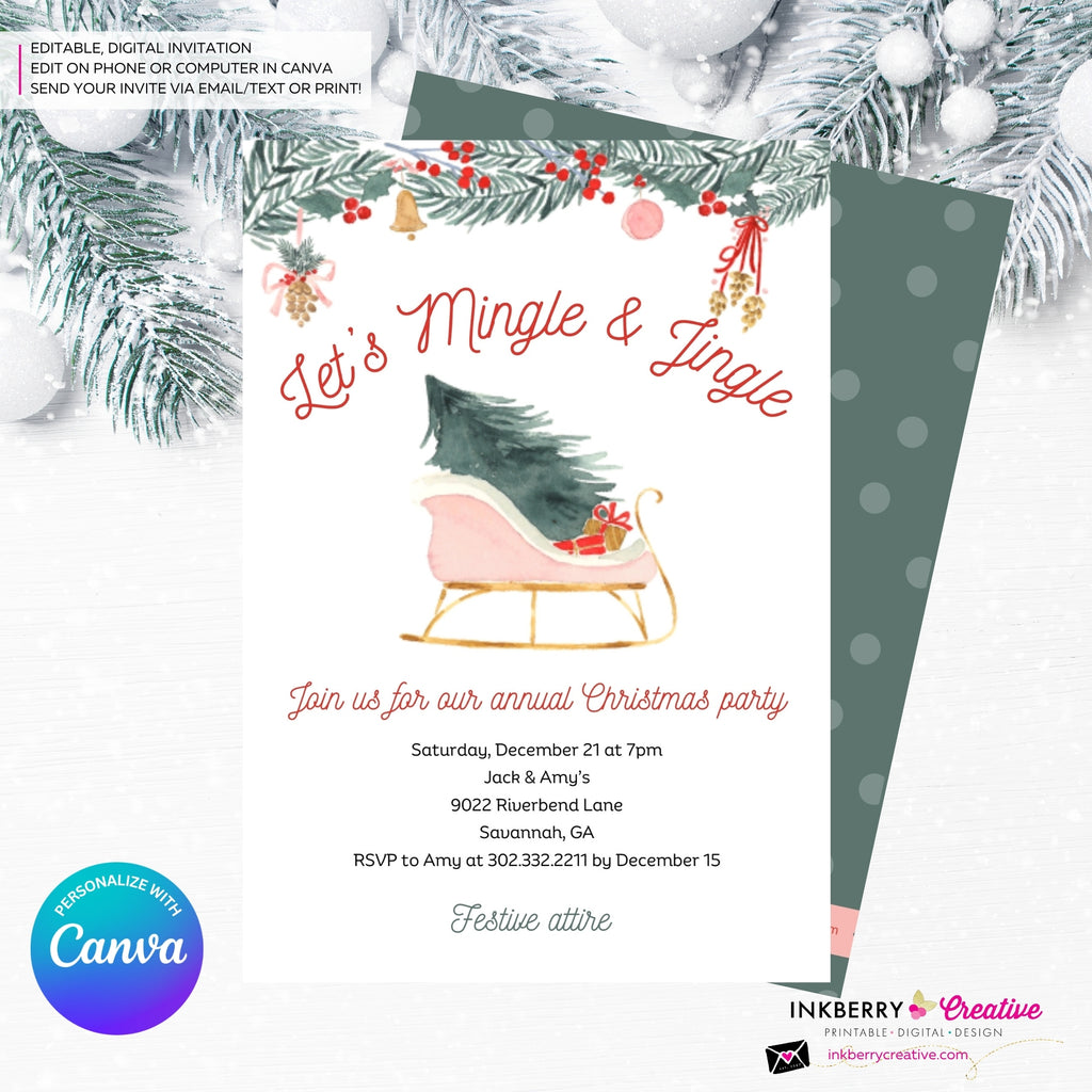 Mingle Jingle Watercolor Sled Christmas Party Invitation - Editable in Canva