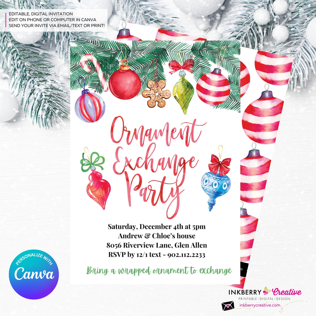 Christmas Watercolor Ornament Exchange Party Invitation - Editable in Canva