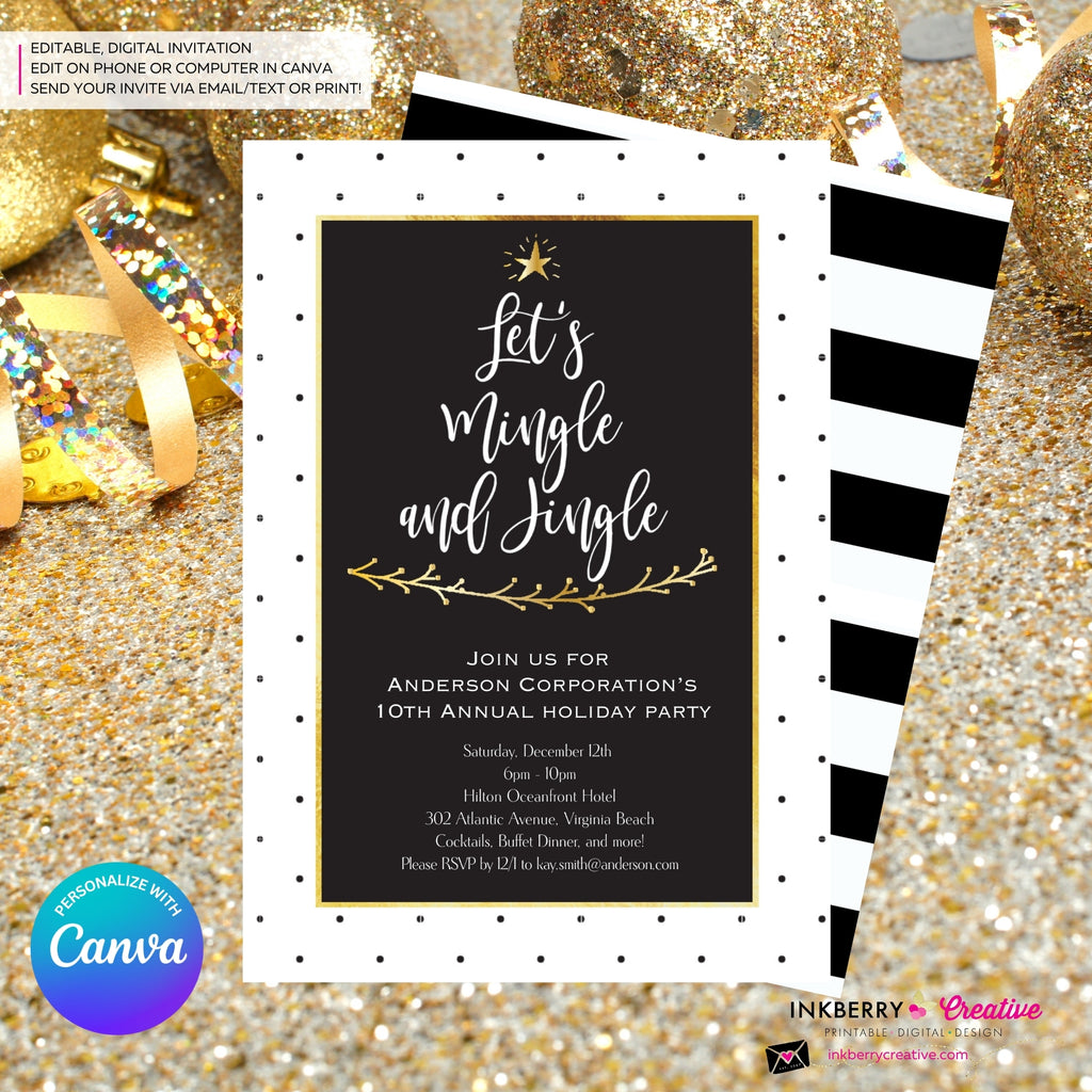Black White Dot Mingle Jingle Christmas Tree Party Invitation - Editable in Canva
