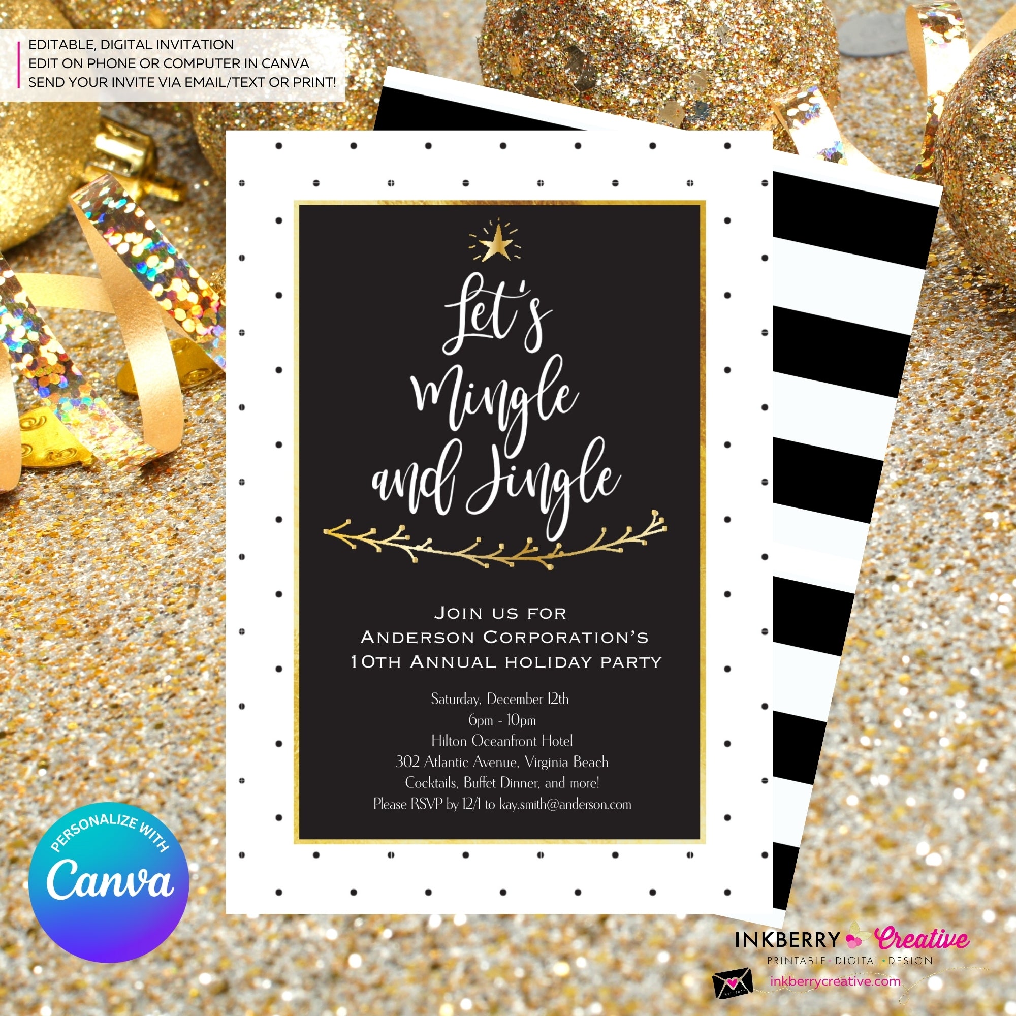 Black White Dot Mingle Jingle Christmas Tree Party Invitation - Editable in Canva
