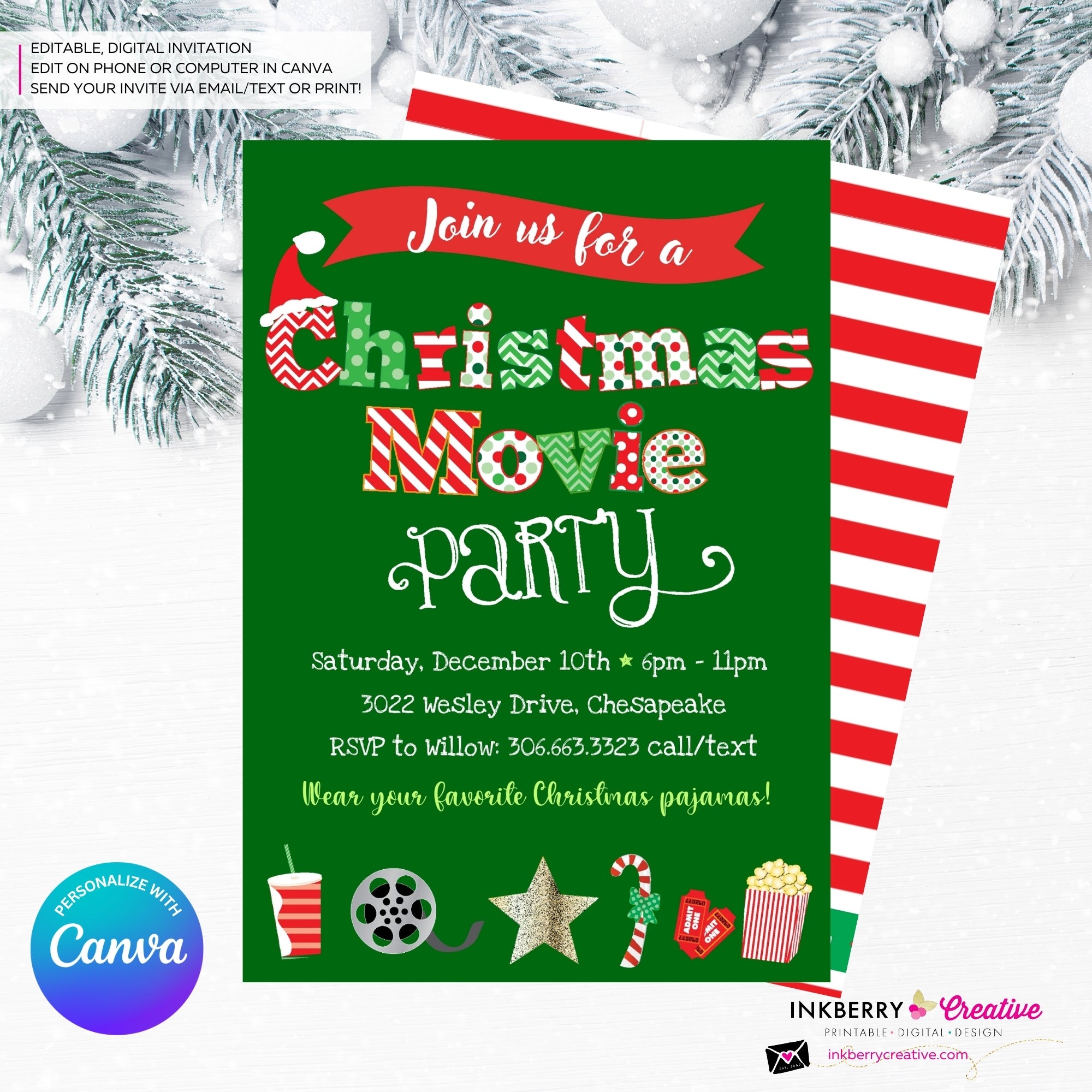 Christmas Movie Party Invitation - Green - Editable in Canva