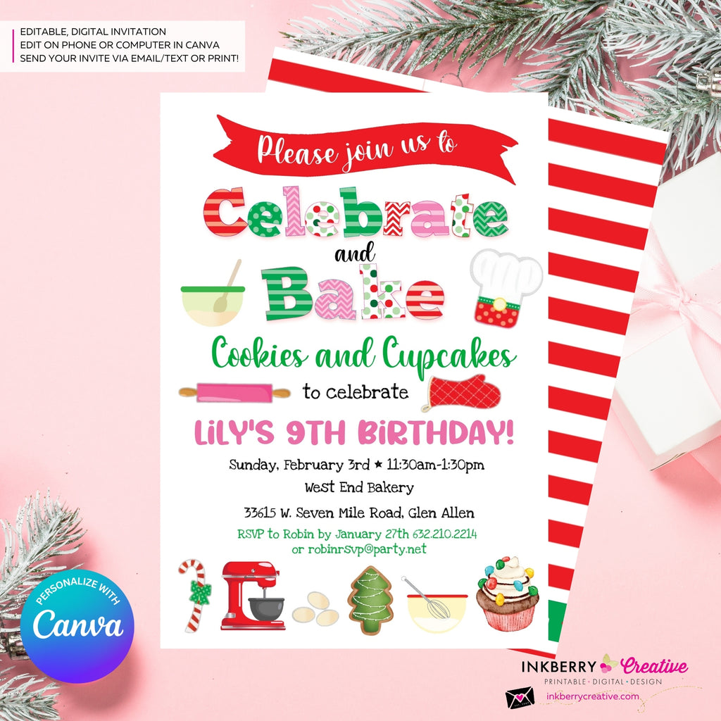 Celebrate & Bake - Christmas Baking Party Invitation - Personalize and Edit in Canva