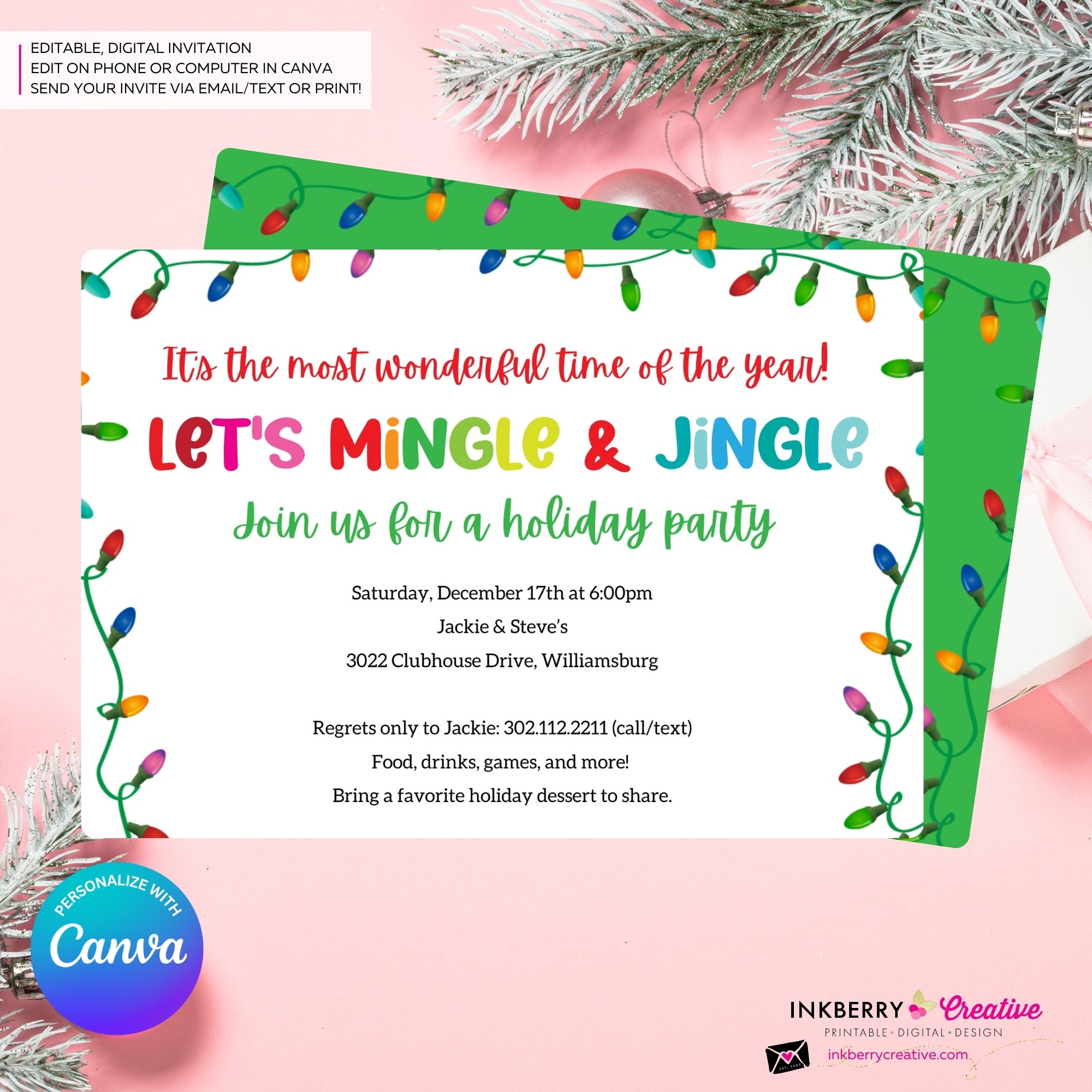 Mingle Jingle Colorful Christmas Lights Party Invitation - Editable in Canva