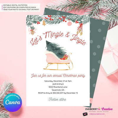 Mingle Jingle Watercolor Sled Christmas Party Invitation - Editable in Canva