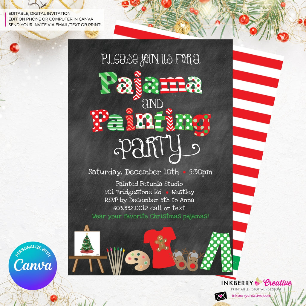 Christmas Pajama and Painting Party Invitation - Chalkboard - Editable in Canva