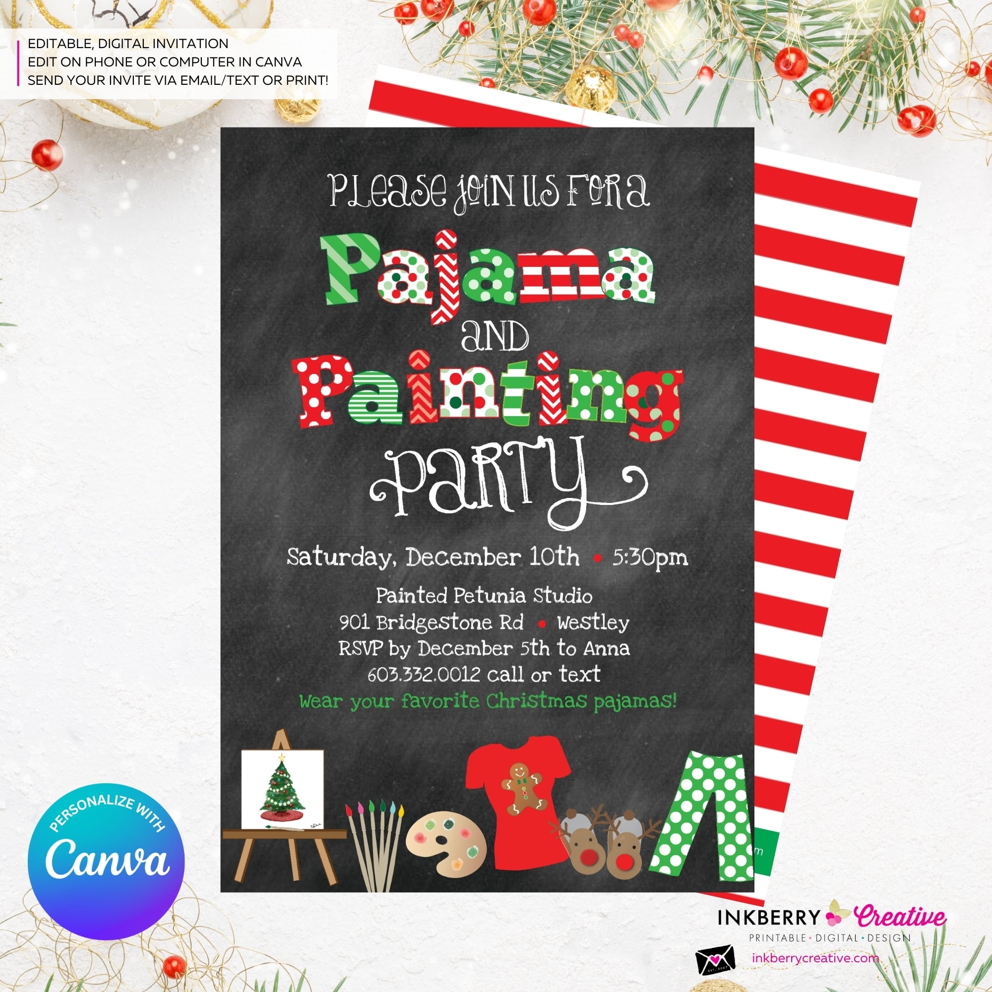 Christmas Pajama and Painting Party Invitation - Chalkboard - Editable in Canva