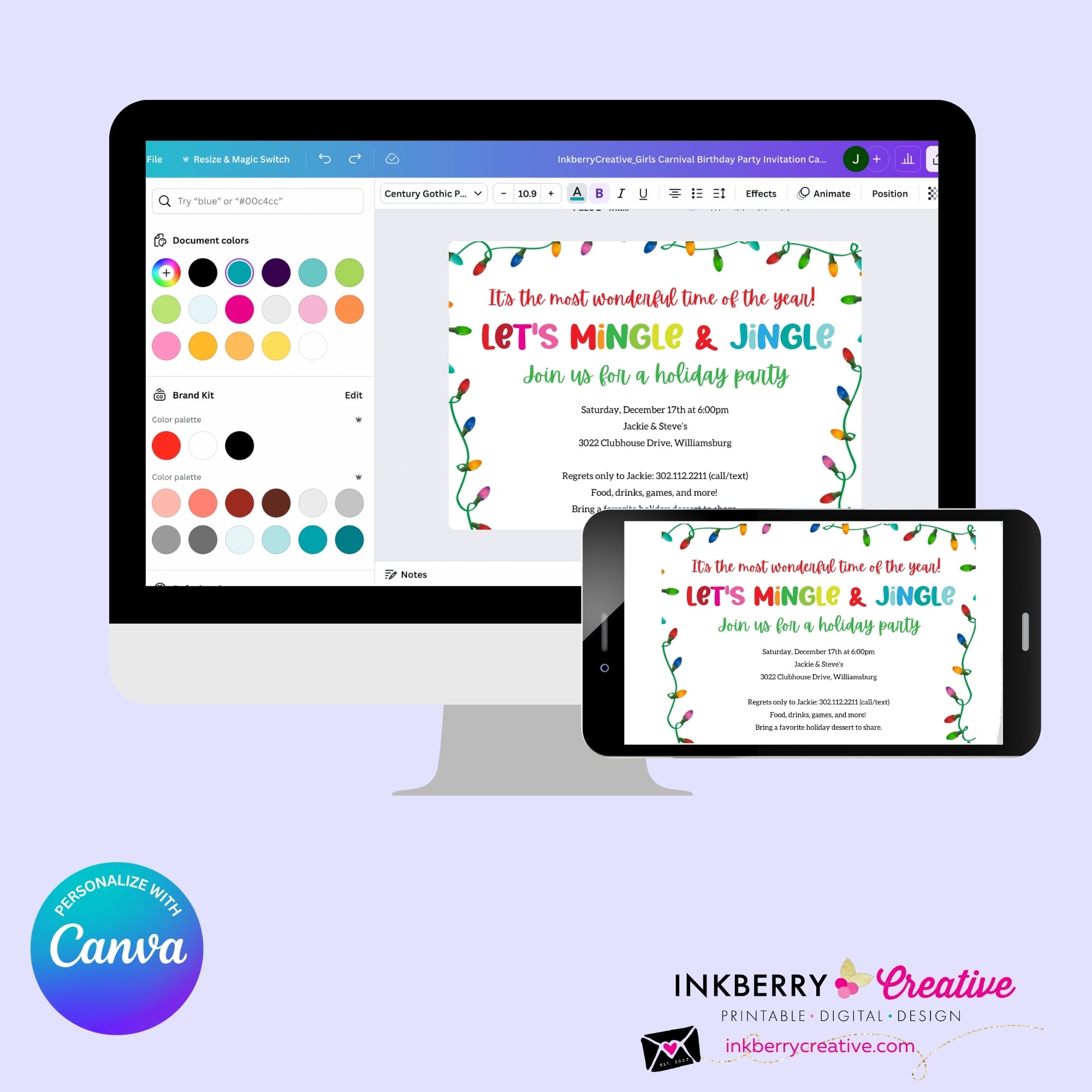 Mingle Jingle Colorful Christmas Lights Party Invitation - Editable in Canva
