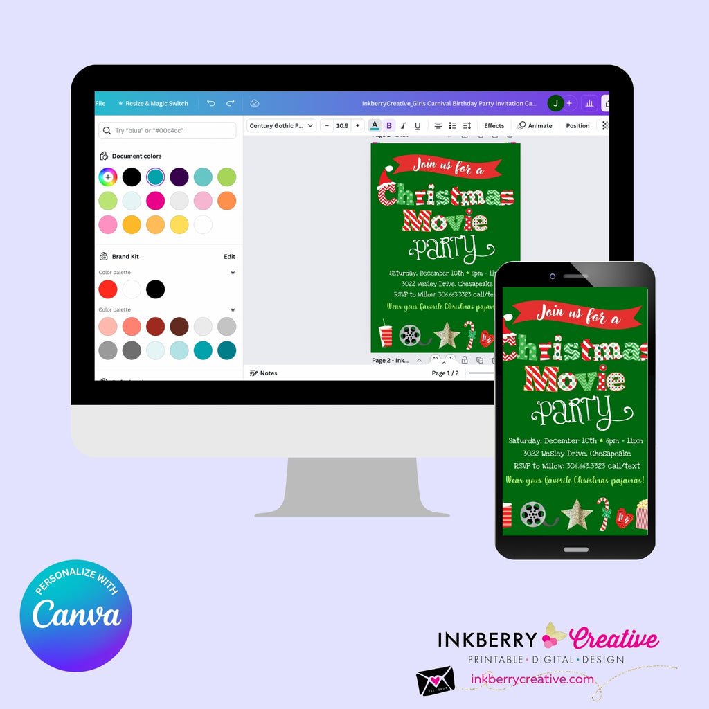 Christmas Movie Party Invitation - Green - Editable in Canva