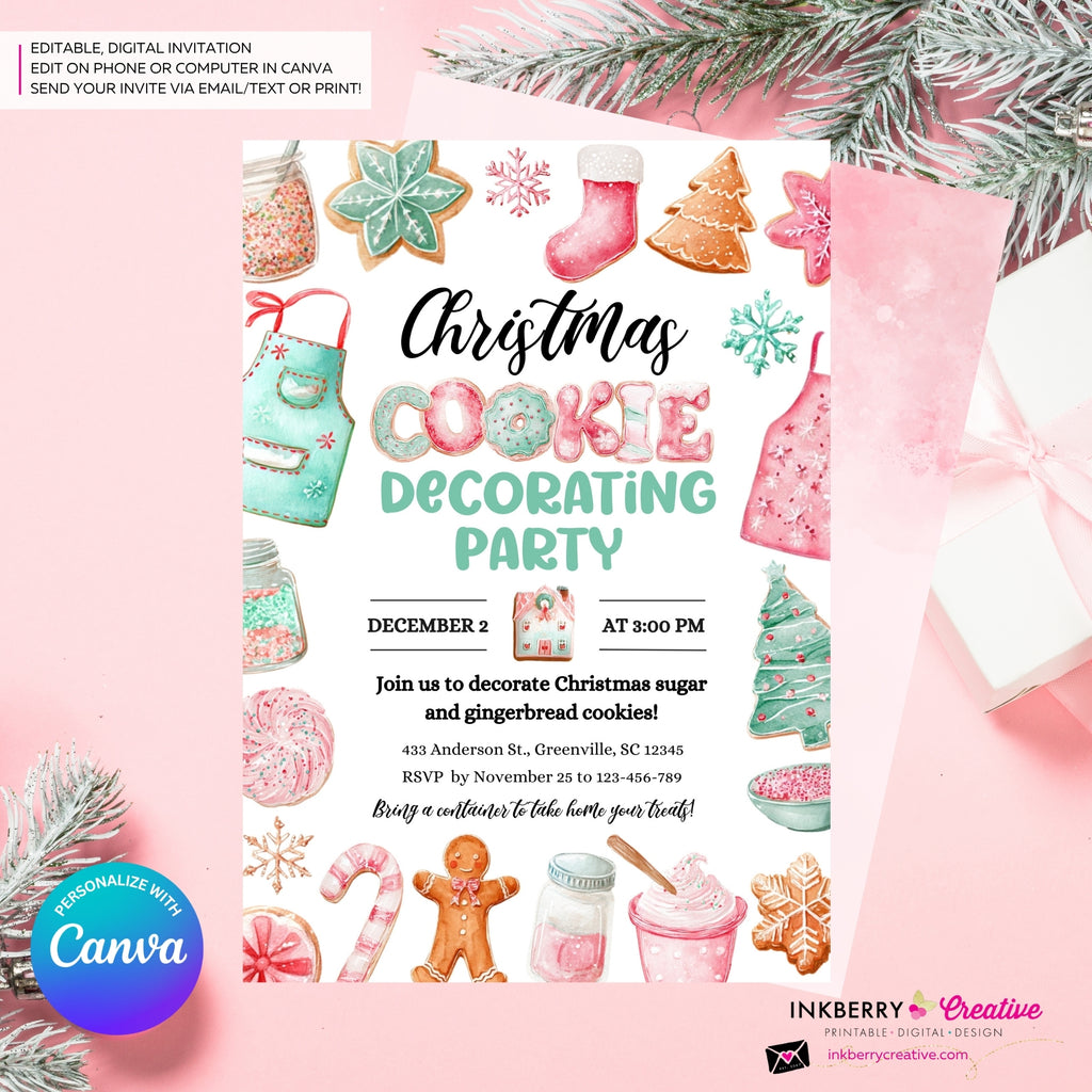 Christmas Cookie Decorating Party Invitation, Editable Canva Template, Watercolor, Christmas Cookie Swap Exchange, Editable Canva Invite