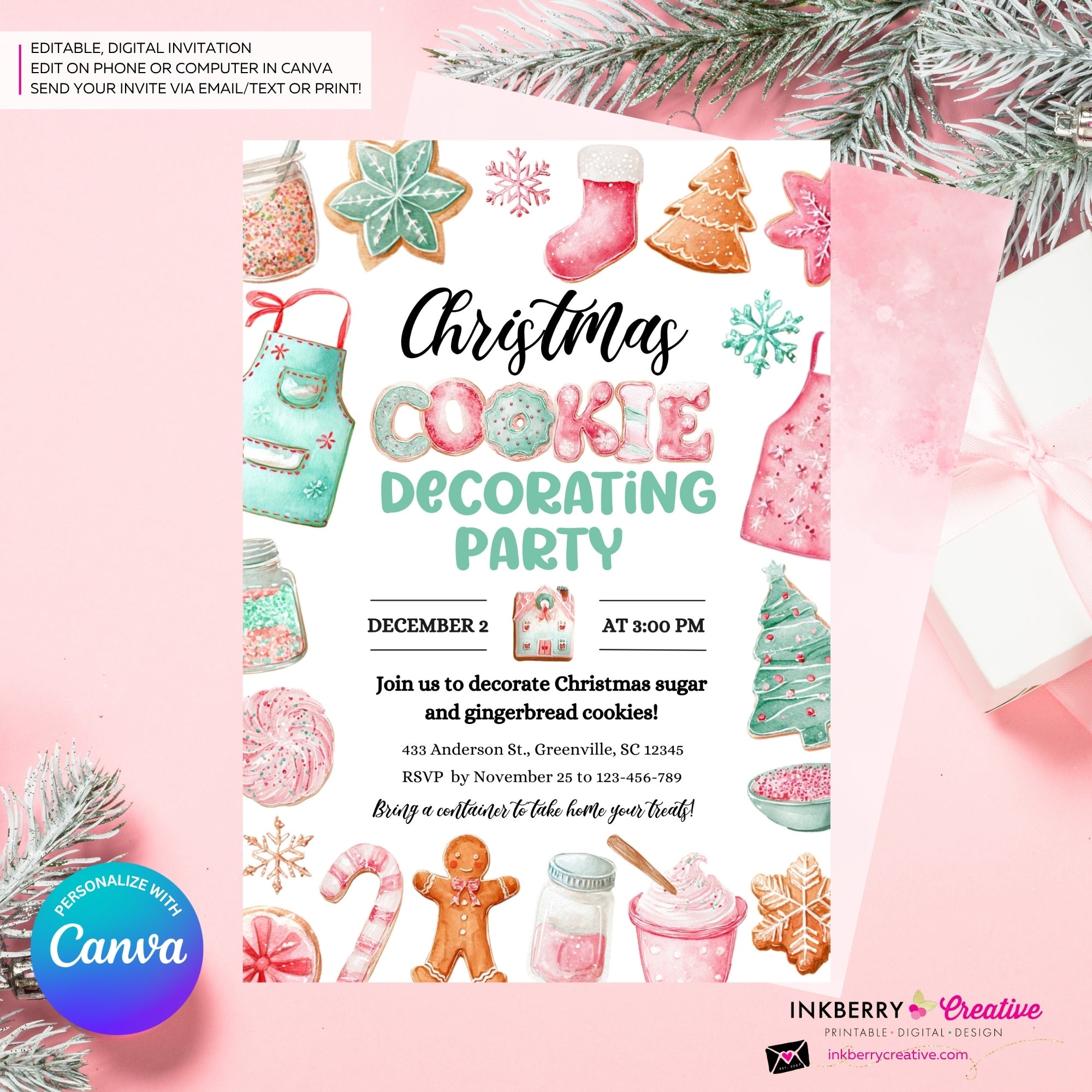 Christmas Cookie Decorating Party Invitation, Editable Canva Template, Watercolor, Christmas Cookie Swap Exchange, Editable Canva Invite