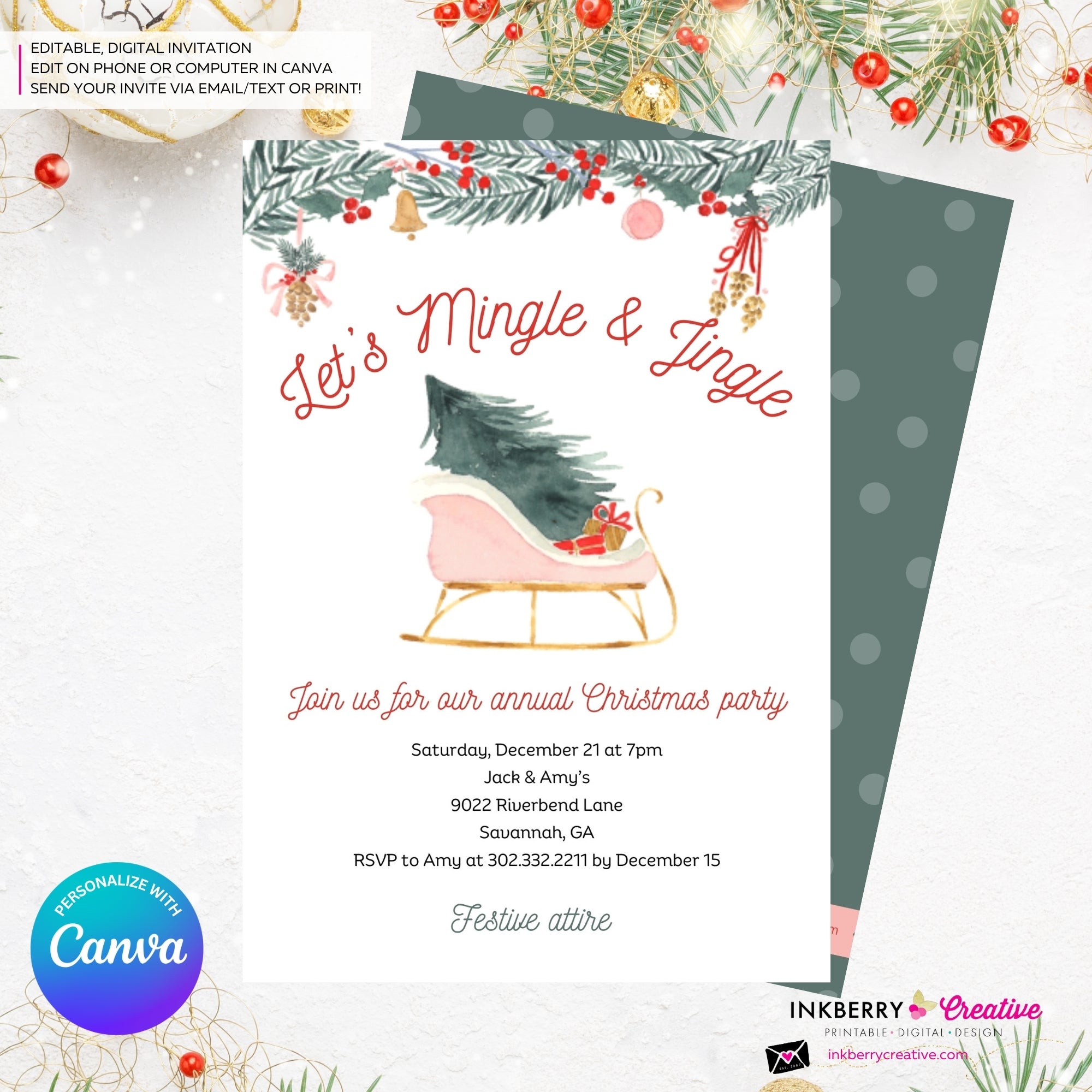 Mingle Jingle Watercolor Sled Christmas Party Invitation - Editable in Canva