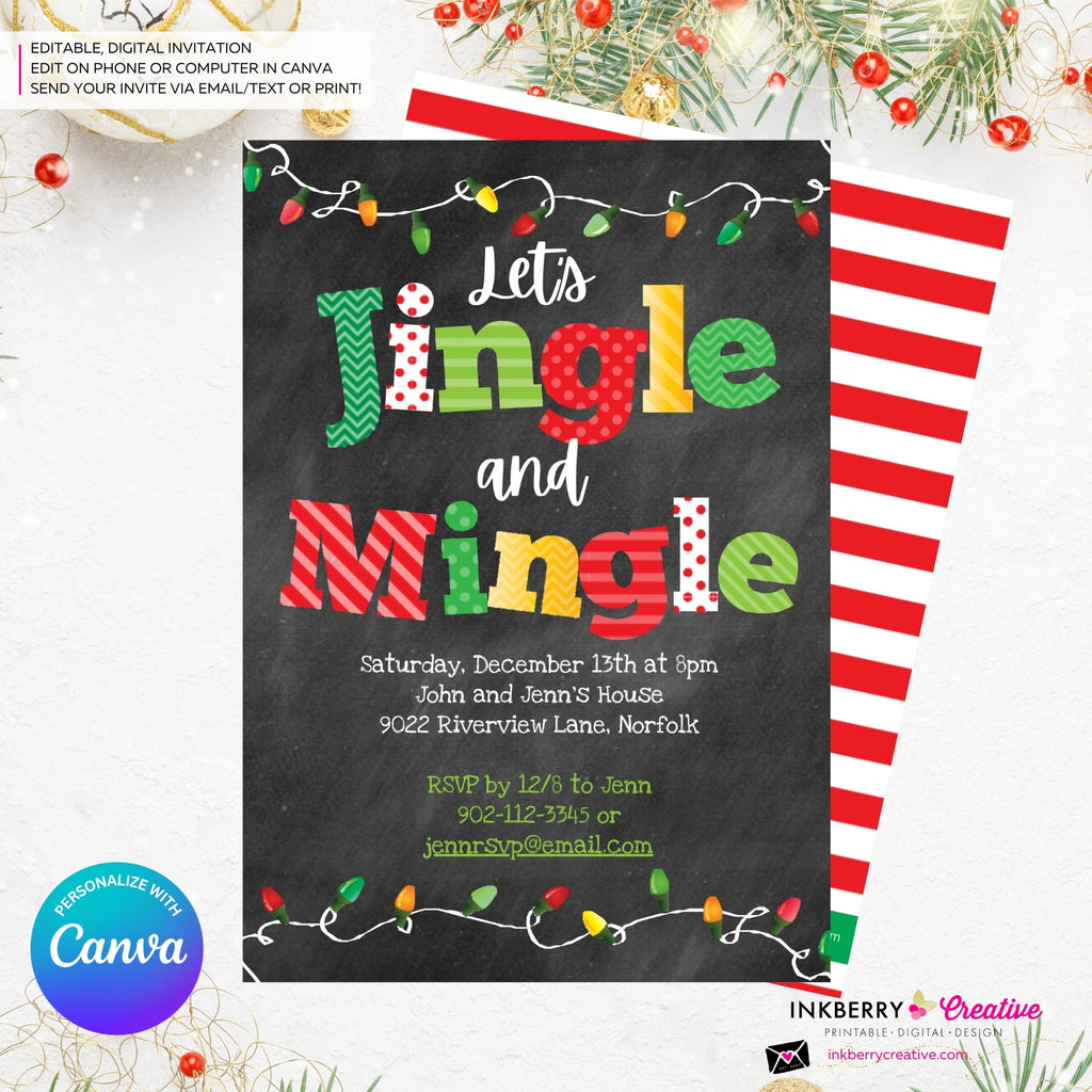 Jingle Mingle Chalkboard Christmas Lights Party Invitation - Editable in Canva