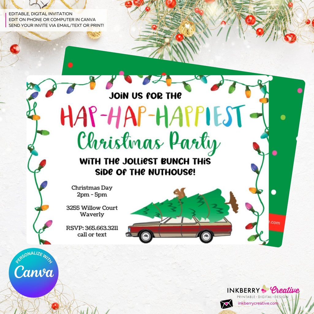 Hap Hap Happiest Christmas Party, Christmas Vacation Theme, Tree Station Wagon Squirrel Party Invitation - Editable in Canva