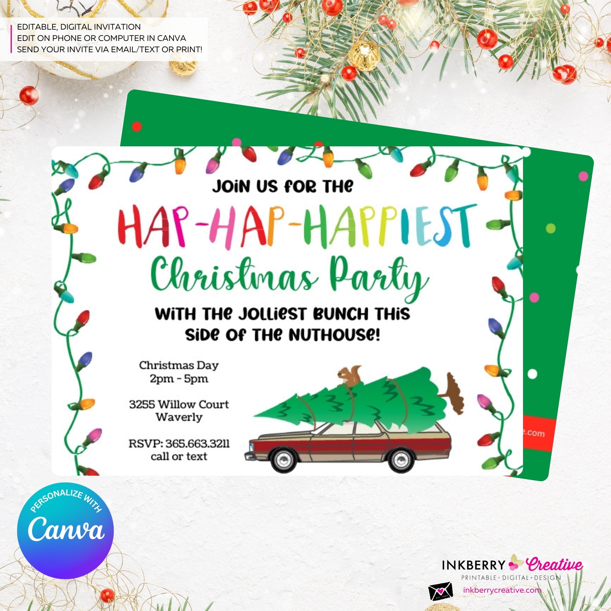 Hap Hap Happiest Christmas Party, Christmas Vacation Theme, Tree Station Wagon Squirrel Party Invitation - Editable in Canva