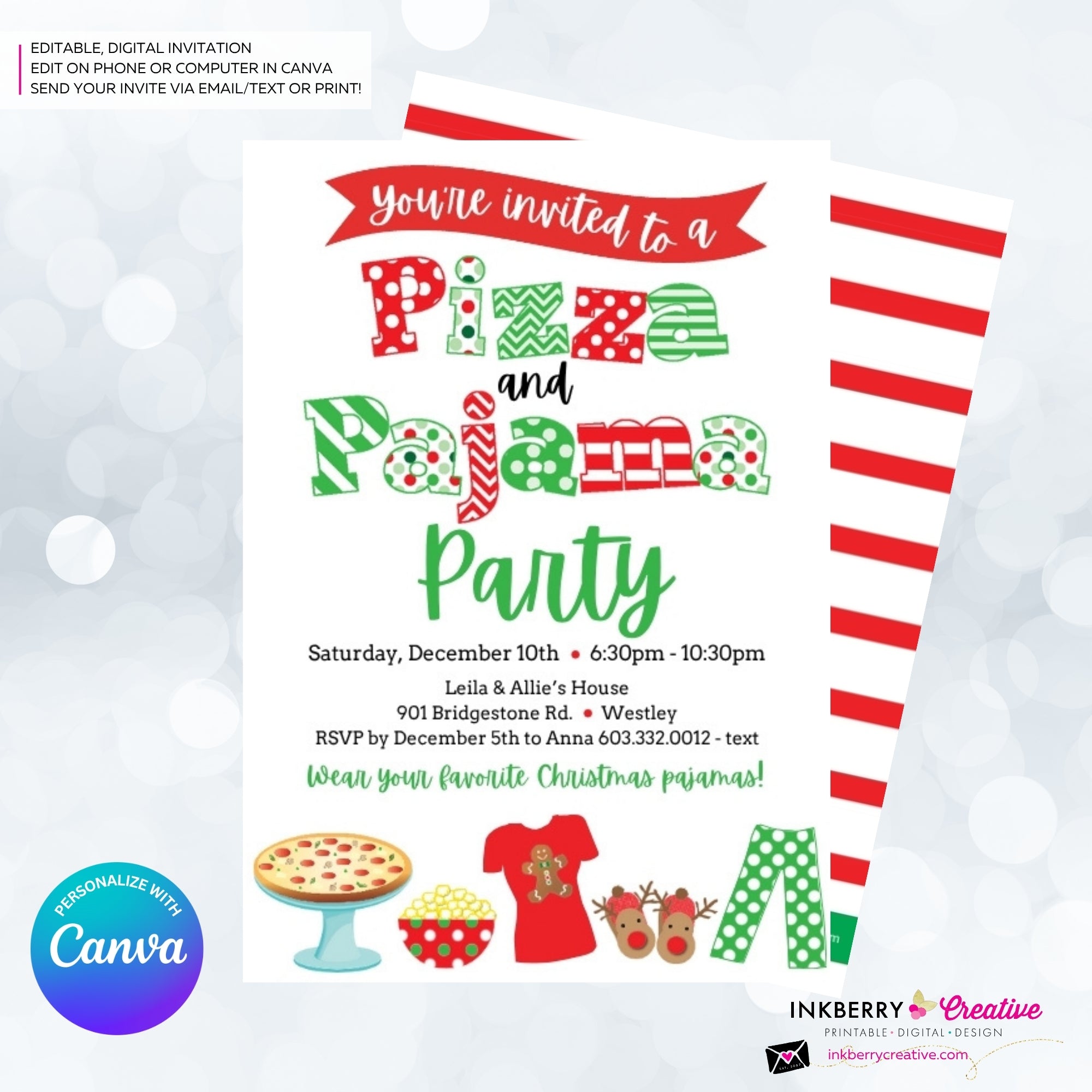 Christmas Pizza and Pajama Party Invitation - Editable in Canva