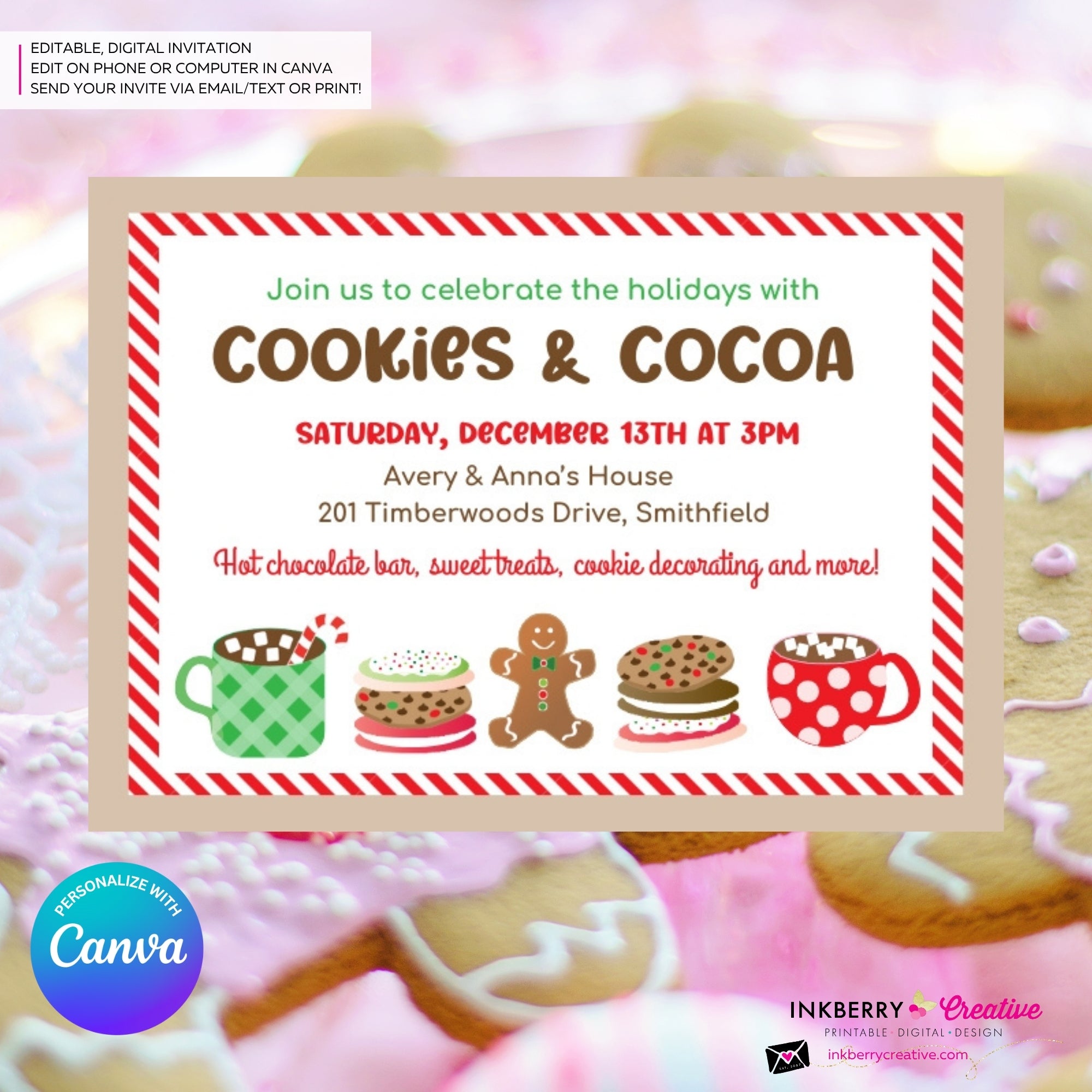 Christmas Cookies and Cocoa Party Invitation - Edit in Canva