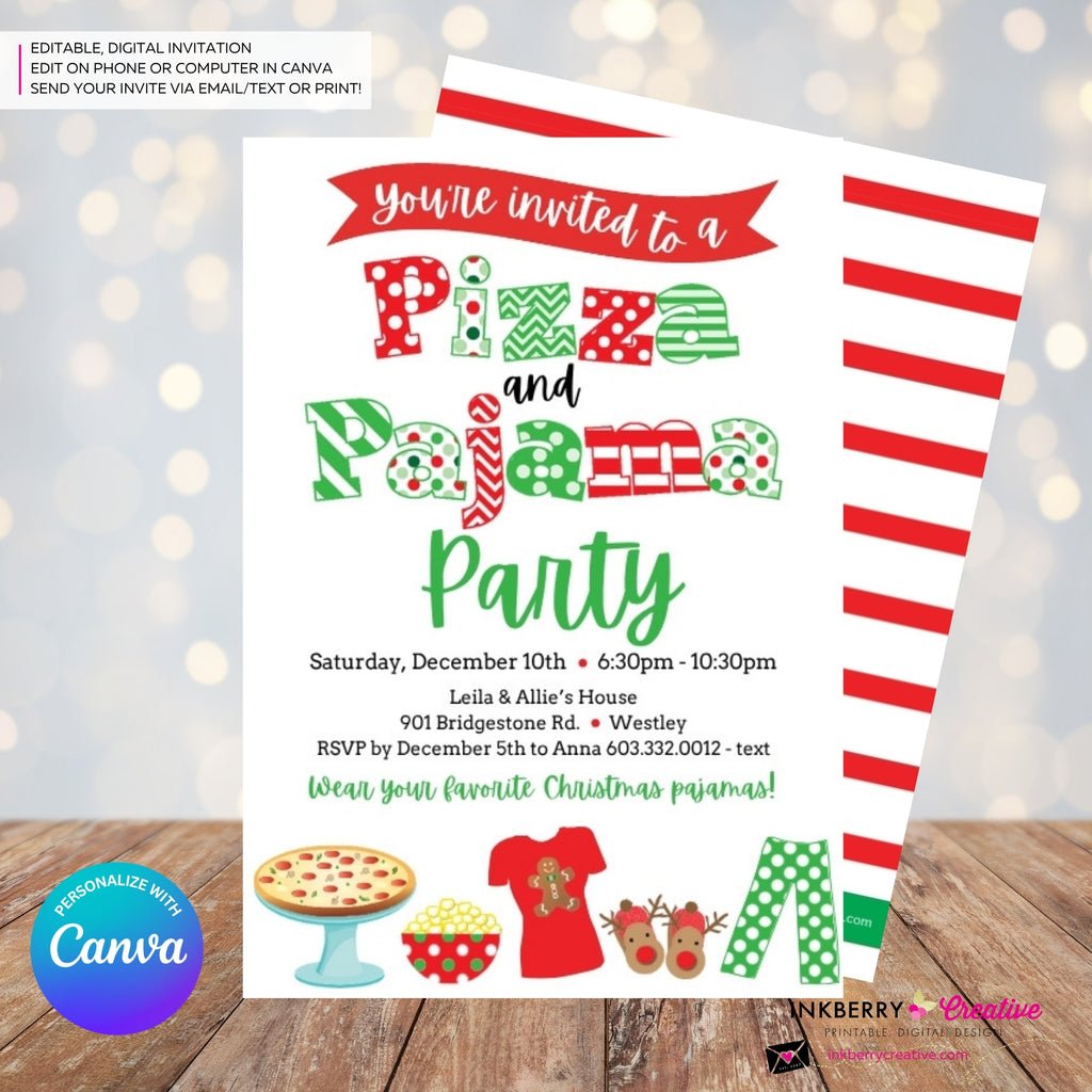 Christmas Pizza and Pajama Party Invitation - Editable in Canva