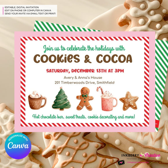 Christmas Cookies and Cocoa Party Invitation (Pink) - Edit in Canva