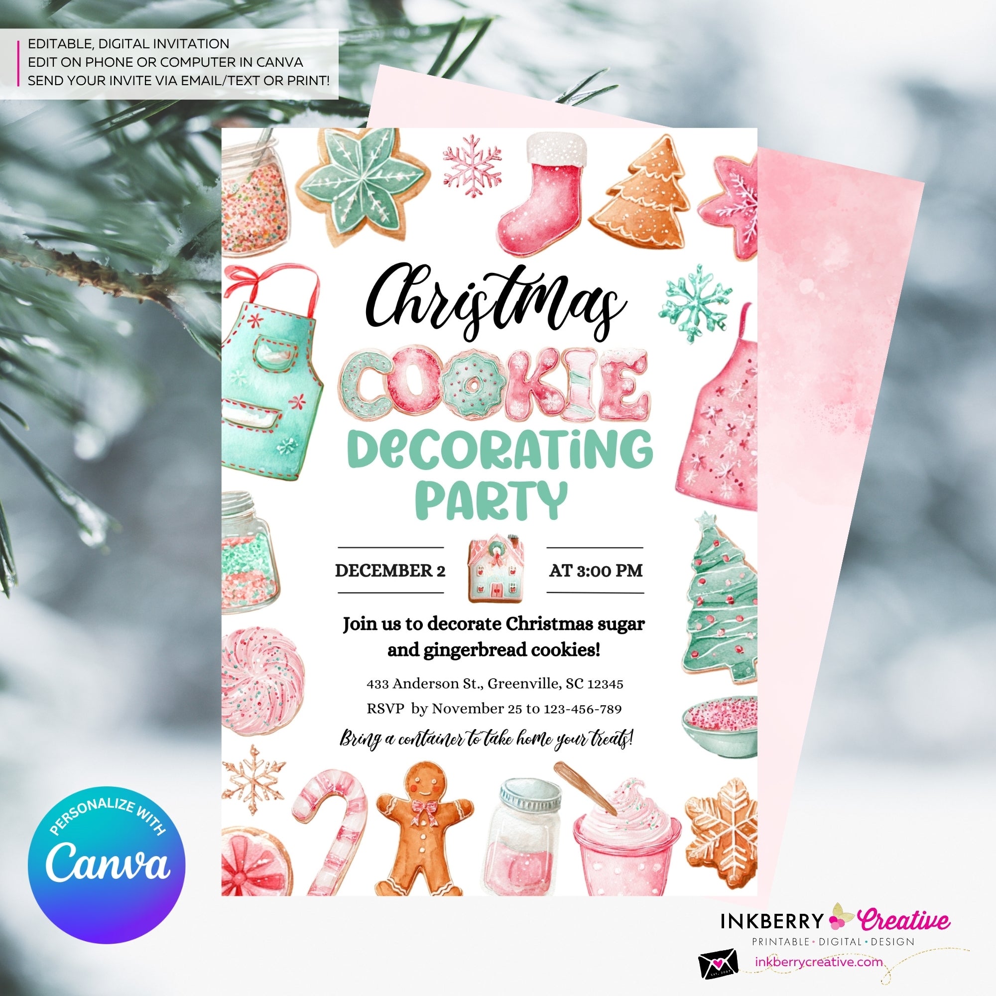 Christmas Cookie Decorating Party Invitation, Editable Canva Template, Watercolor, Christmas Cookie Swap Exchange, Editable Canva Invite