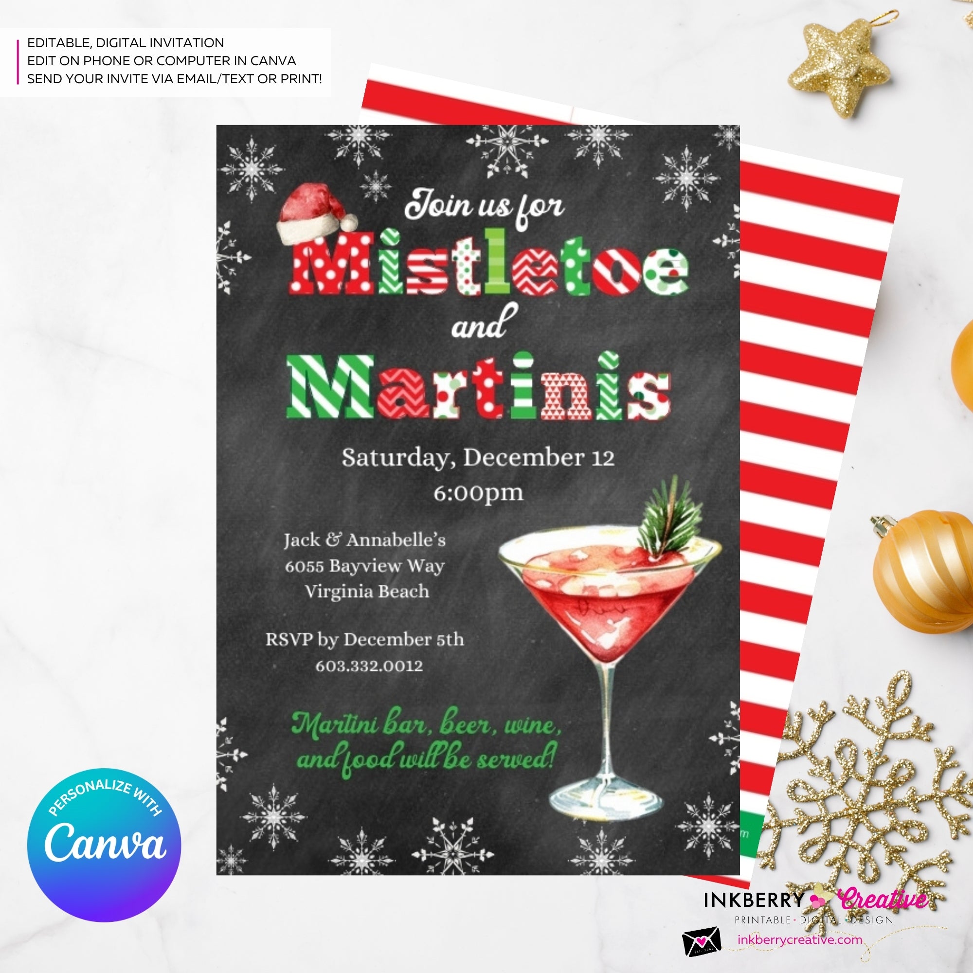 Mistletoe and Martinis Christmas Party Invitation - Editable in Canva