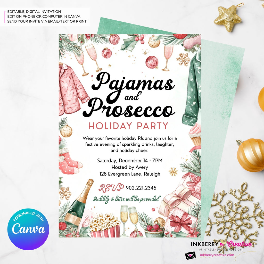 Pajamas and Prosecco Christmas Party Invitation - Editable in Canva