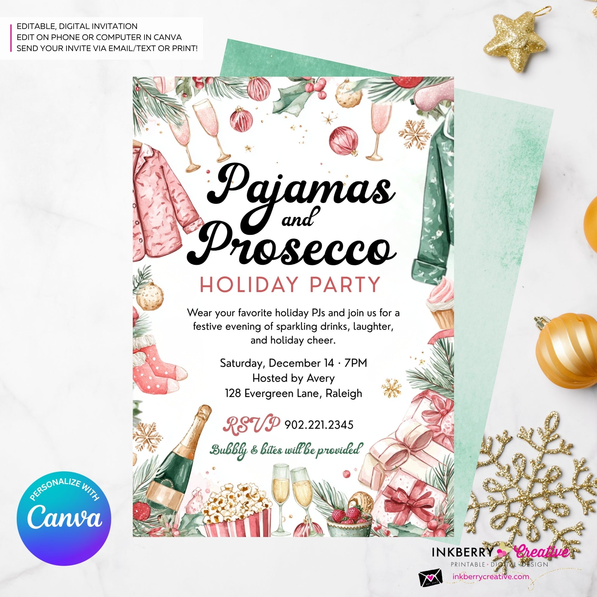 Pajamas and Prosecco Christmas Party Invitation - Editable in Canva