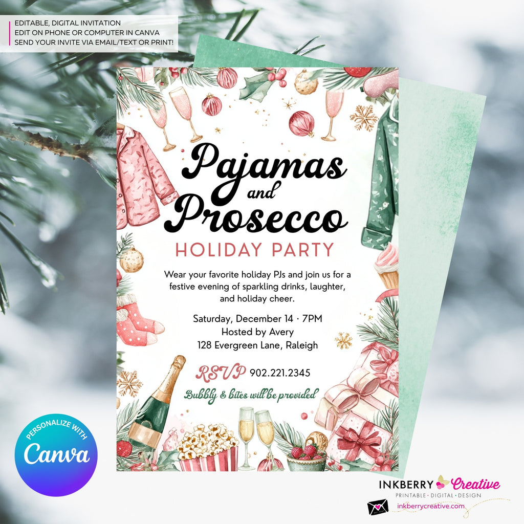 Pajamas and Prosecco Christmas Party Invitation - Editable in Canva