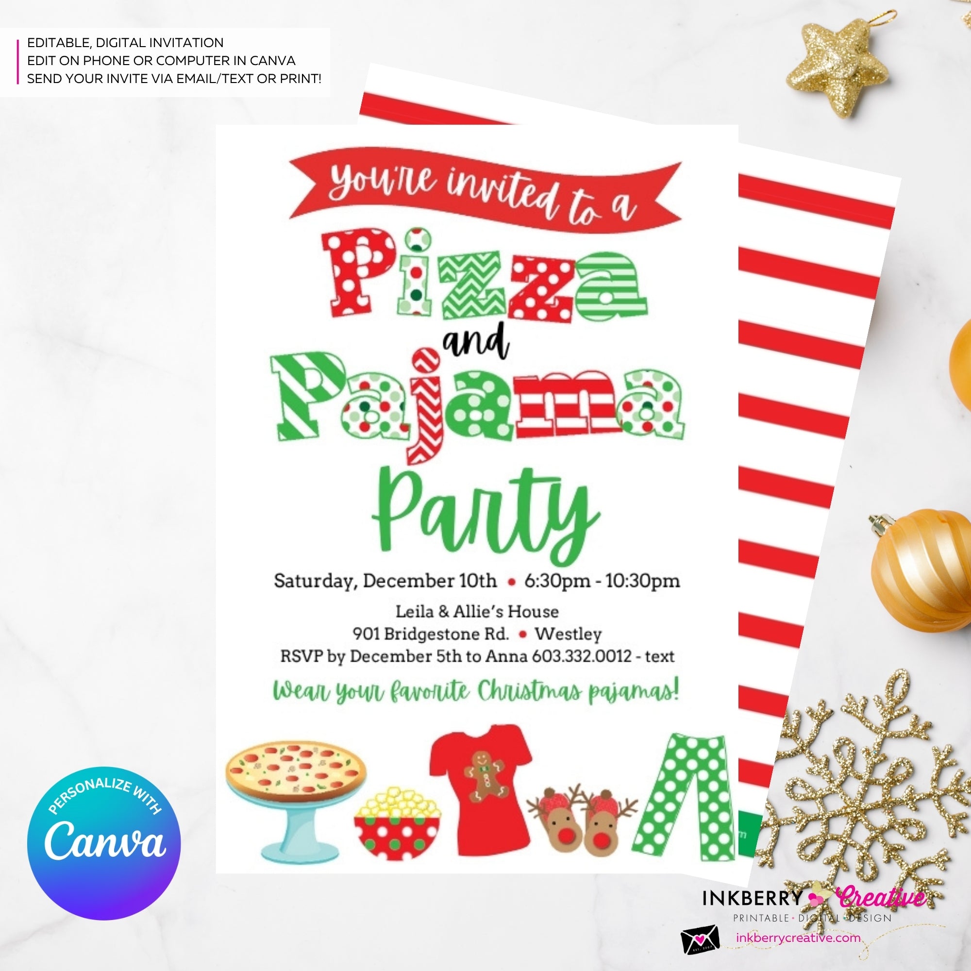 Christmas Pizza and Pajama Party Invitation - Editable in Canva