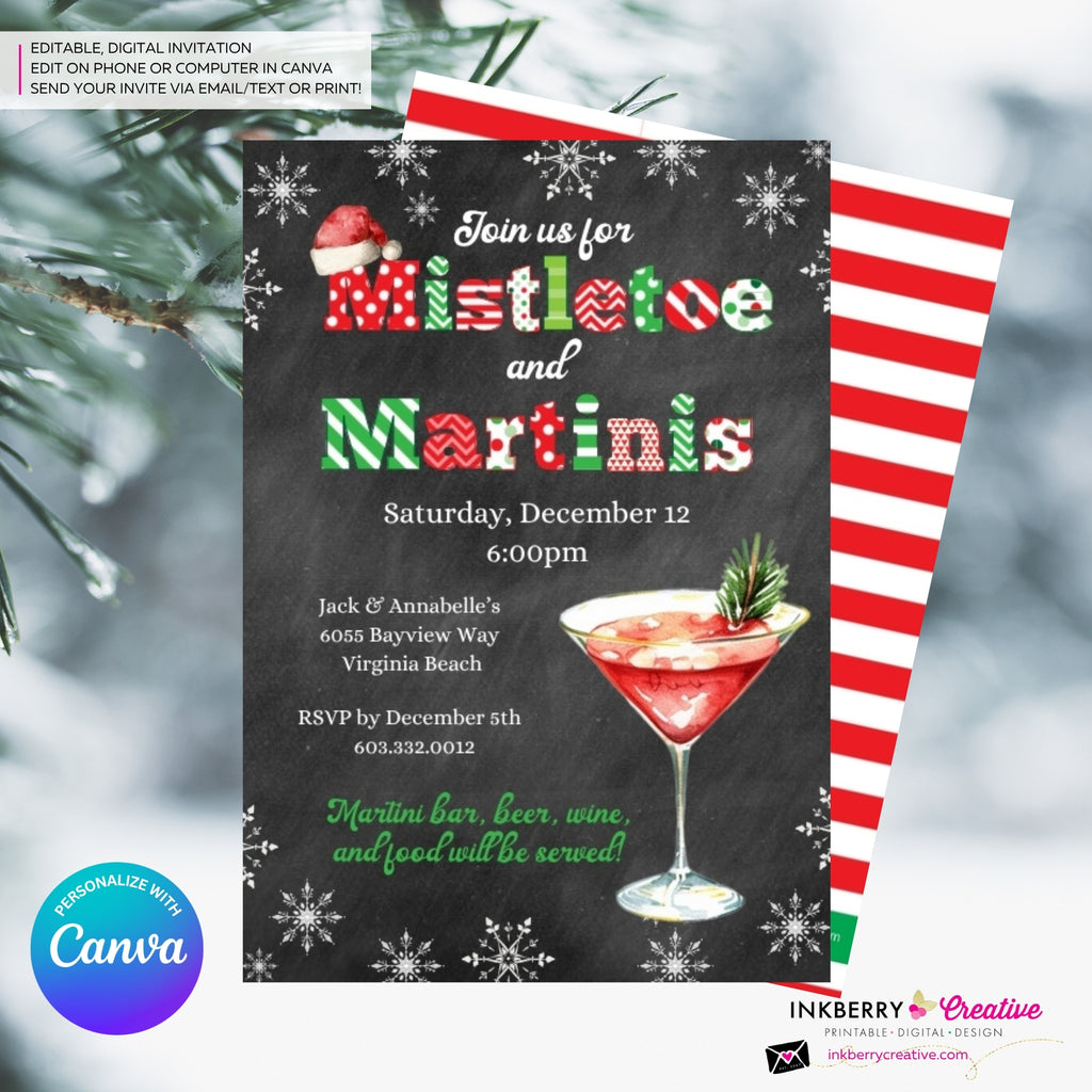Mistletoe and Martinis Christmas Party Invitation - Editable in Canva