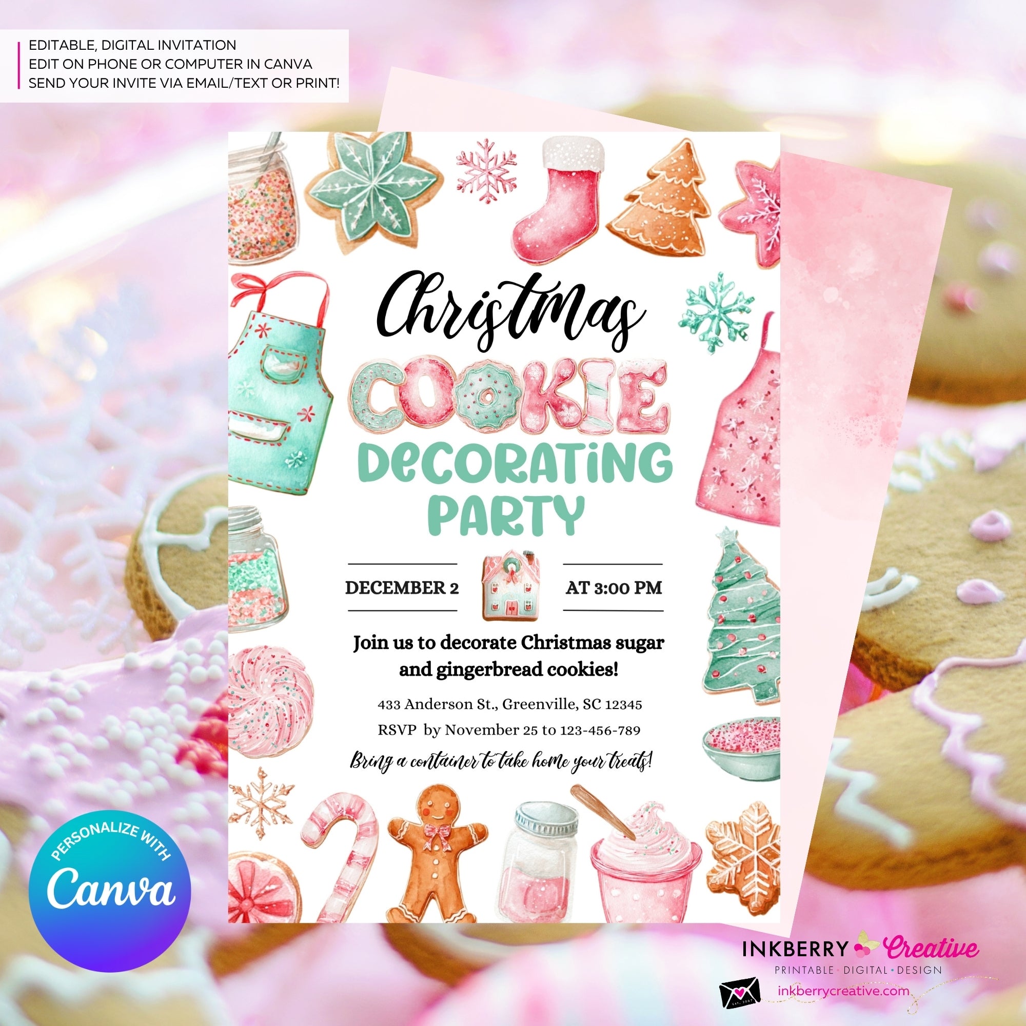 Christmas Cookie Decorating Party Invitation, Editable Canva Template, Watercolor, Christmas Cookie Swap Exchange, Editable Canva Invite
