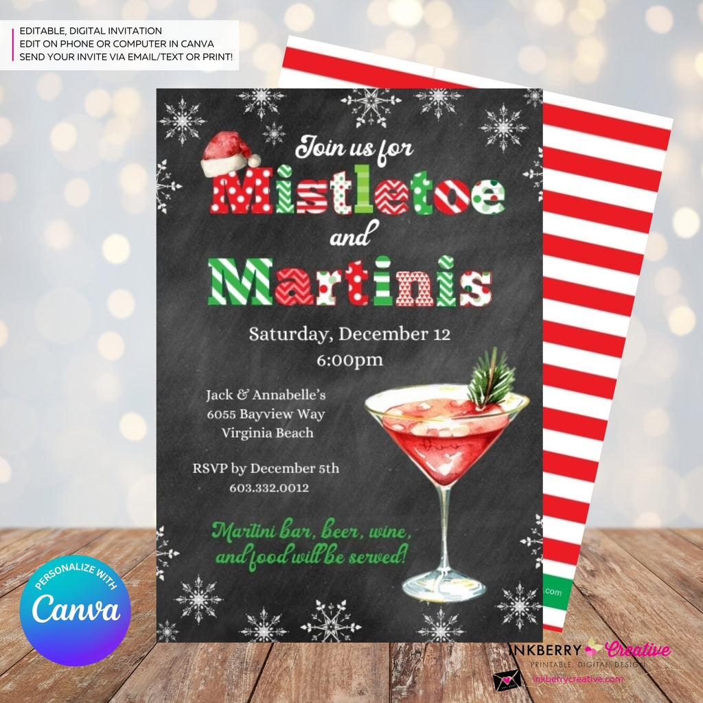 Mistletoe and Martinis Christmas Party Invitation - Editable in Canva