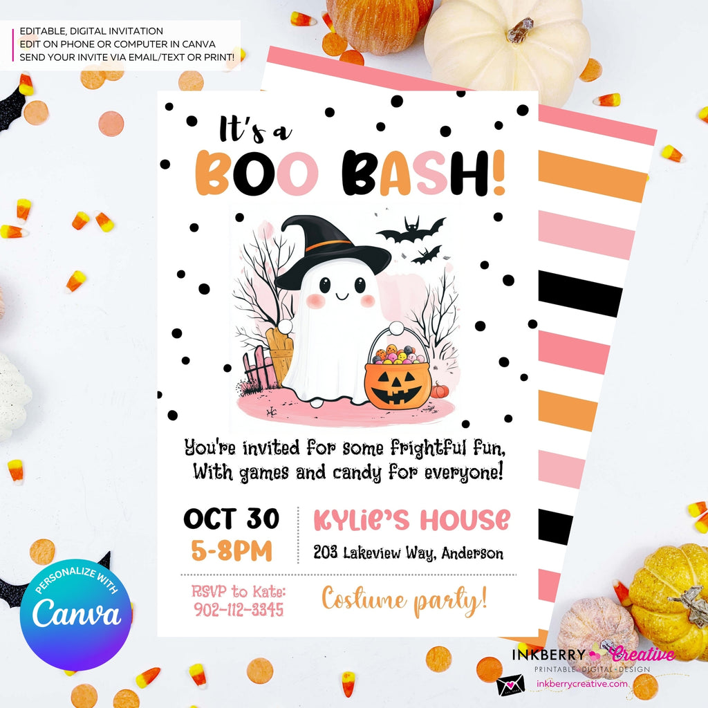 BOO Bash Cute Ghost Halloween Party Invitation, Pink Orange Purple Halloween - Editable in Canva