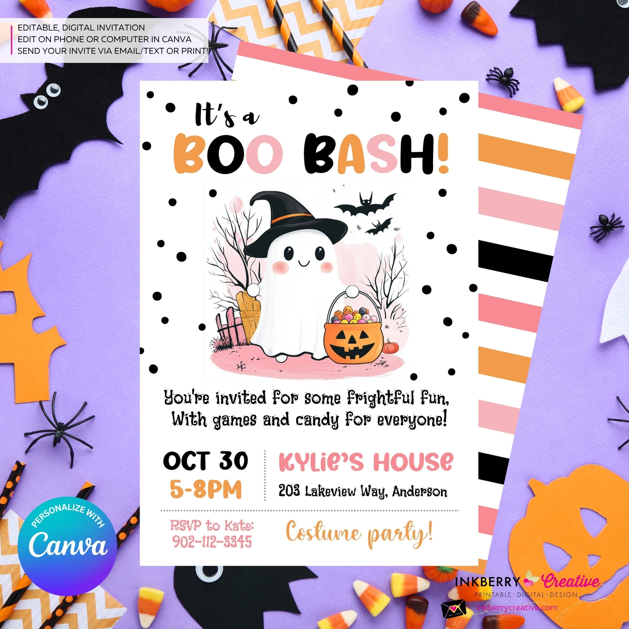 BOO Bash Cute Ghost Halloween Party Invitation, Pink Orange Purple Halloween - Editable in Canva