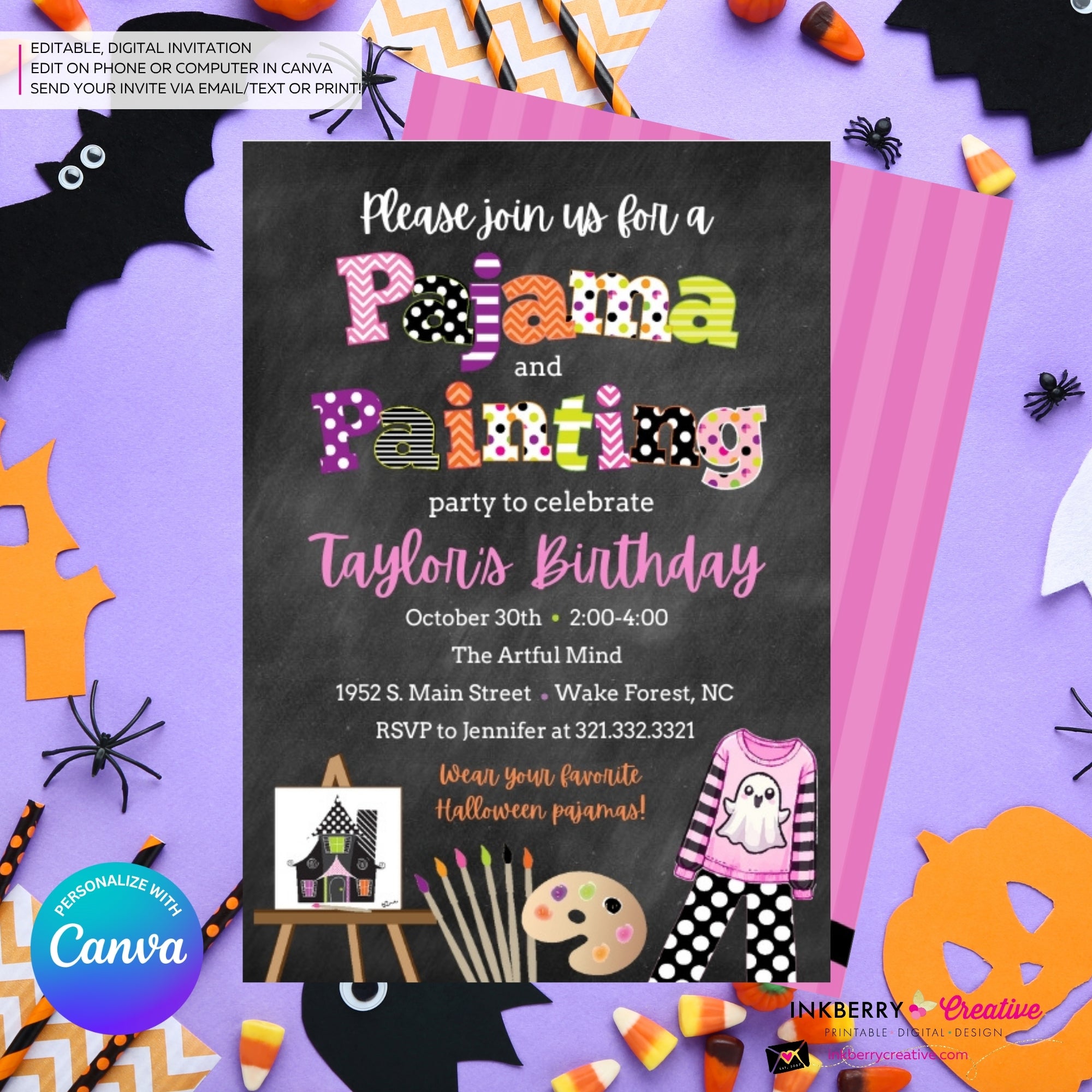 Girls Halloween Pajama and Painting Birthday Party Invitation - Chalkboard - Editable in Canva