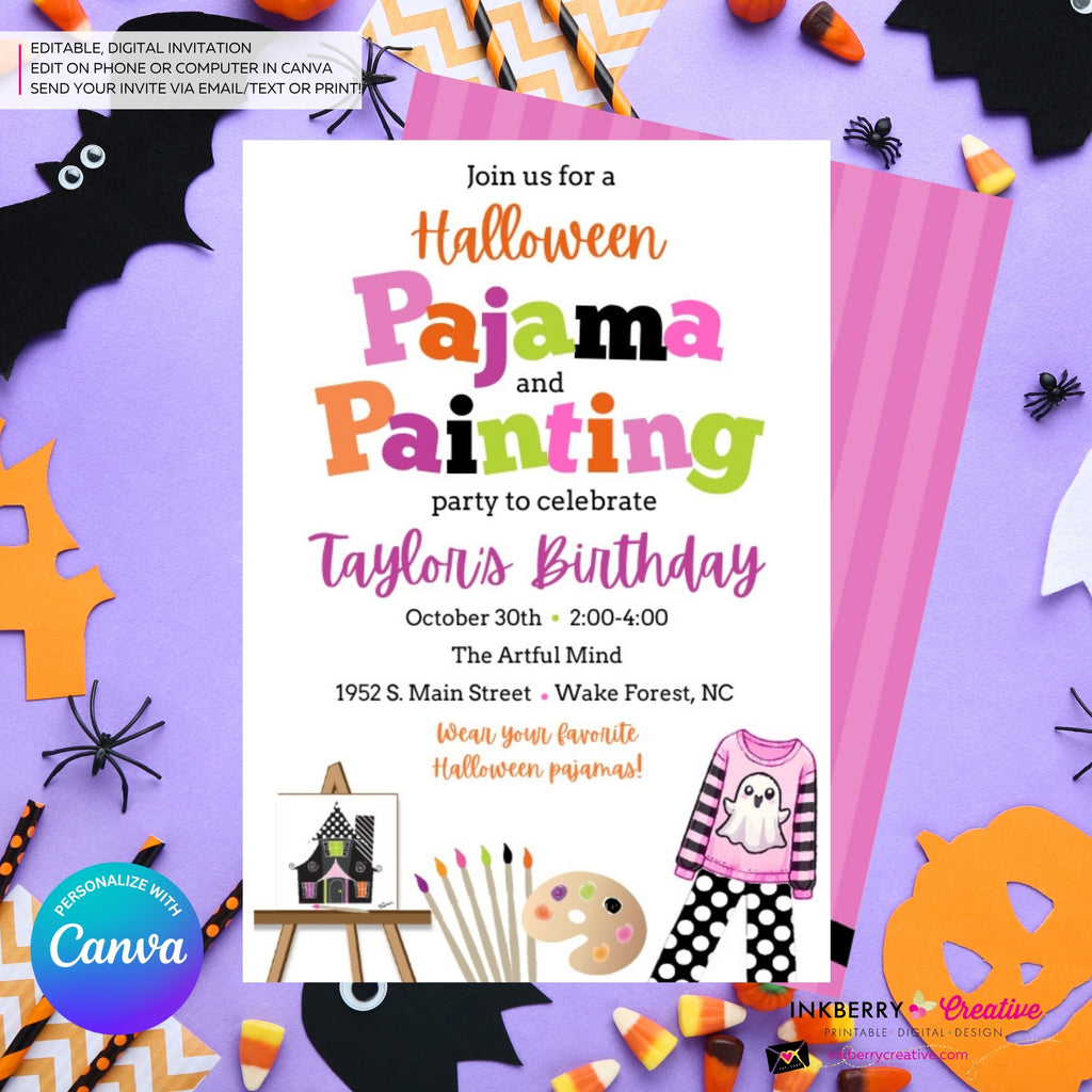Girls Halloween Pajama and Painting Birthday Party Invitation - White - Editable in Canva