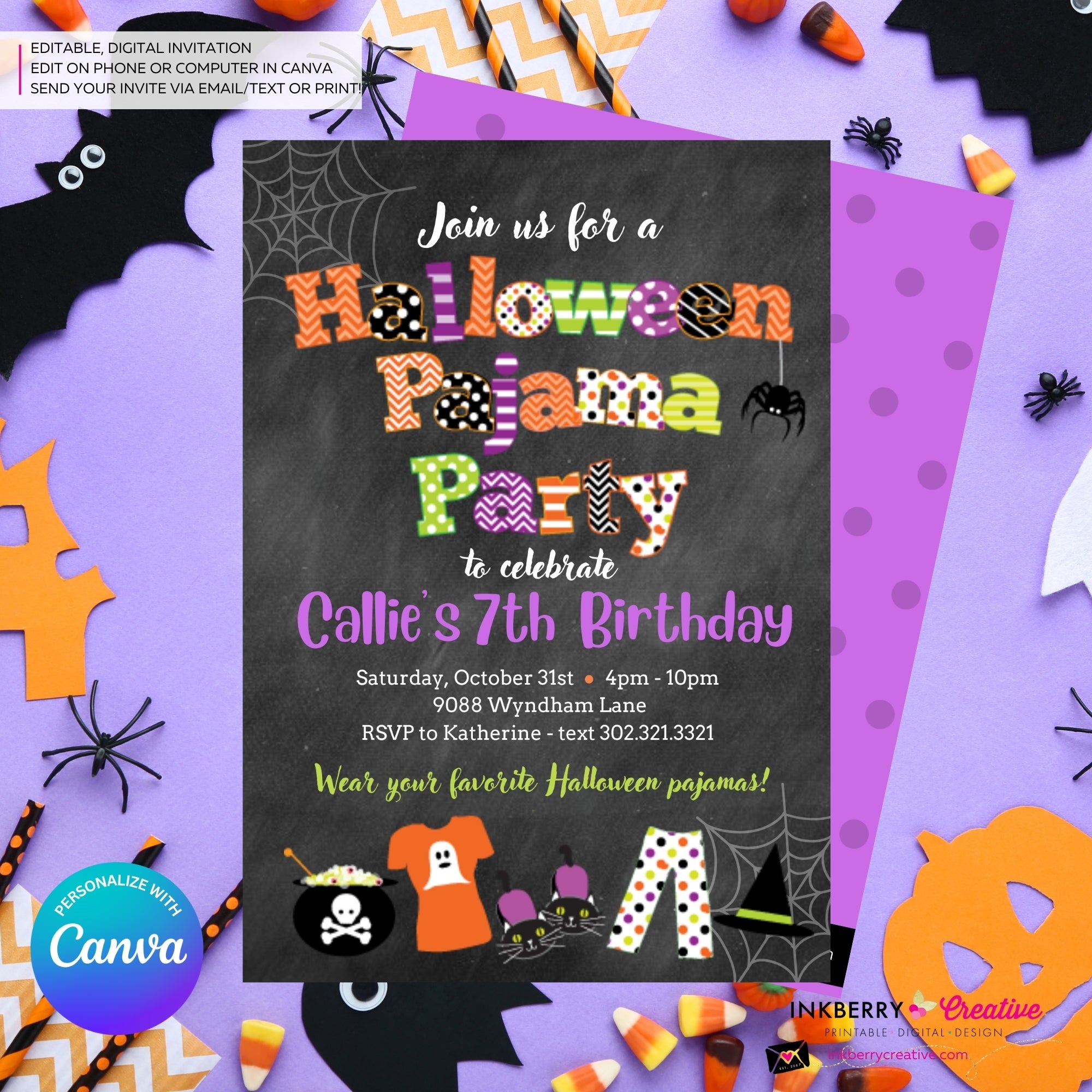 Halloween Pajama Party Invitation - Chalkboard - Editable in Canva