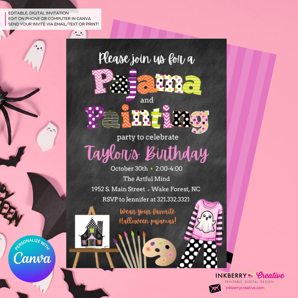 Girls Halloween Pajama and Painting Birthday Party Invitation - Chalkboard - Editable in Canva