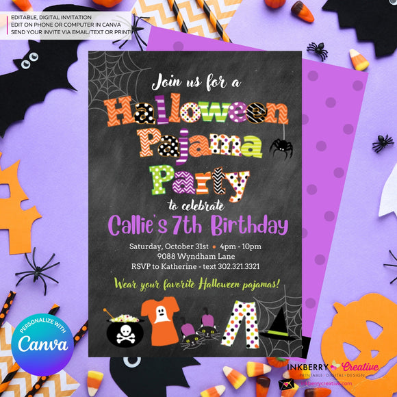 Halloween Pajama Party Invitation - Chalkboard - Editable in Canva