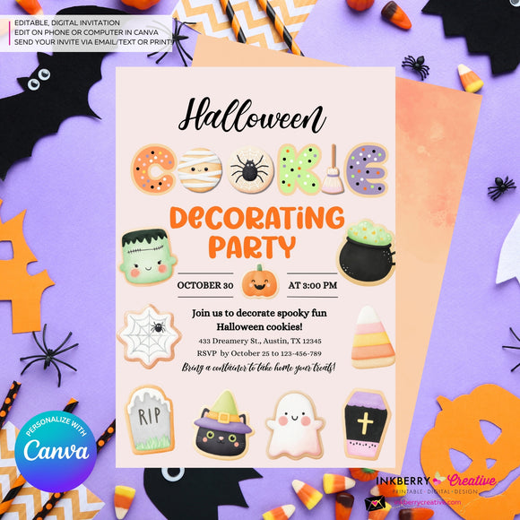 Halloween Cookie Decorating Party Invitation, Editable Canva Template, Watercolor, Halloween Cookie Swap Exchange, Editable Canva Invite