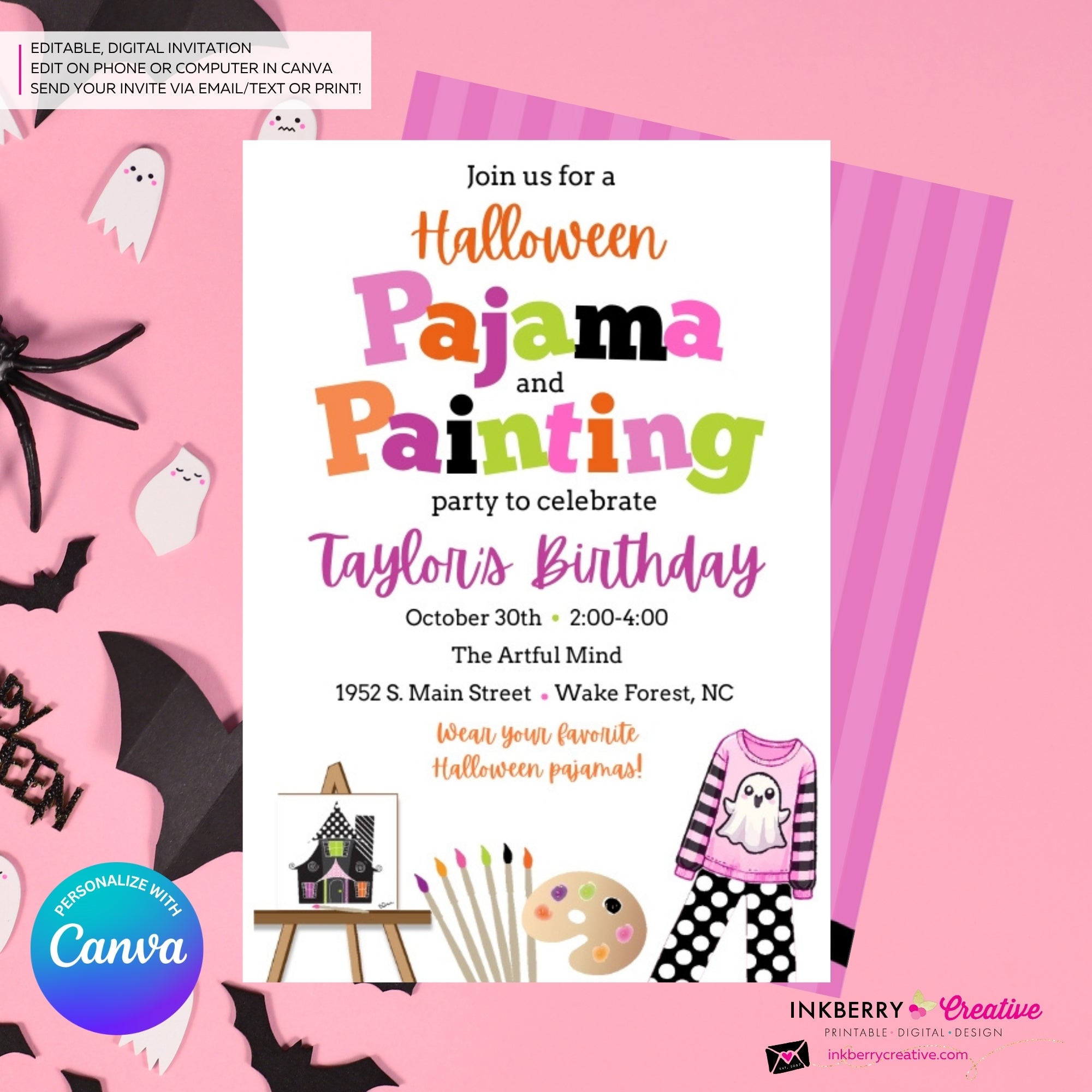 Girls Halloween Pajama and Painting Birthday Party Invitation - White - Editable in Canva