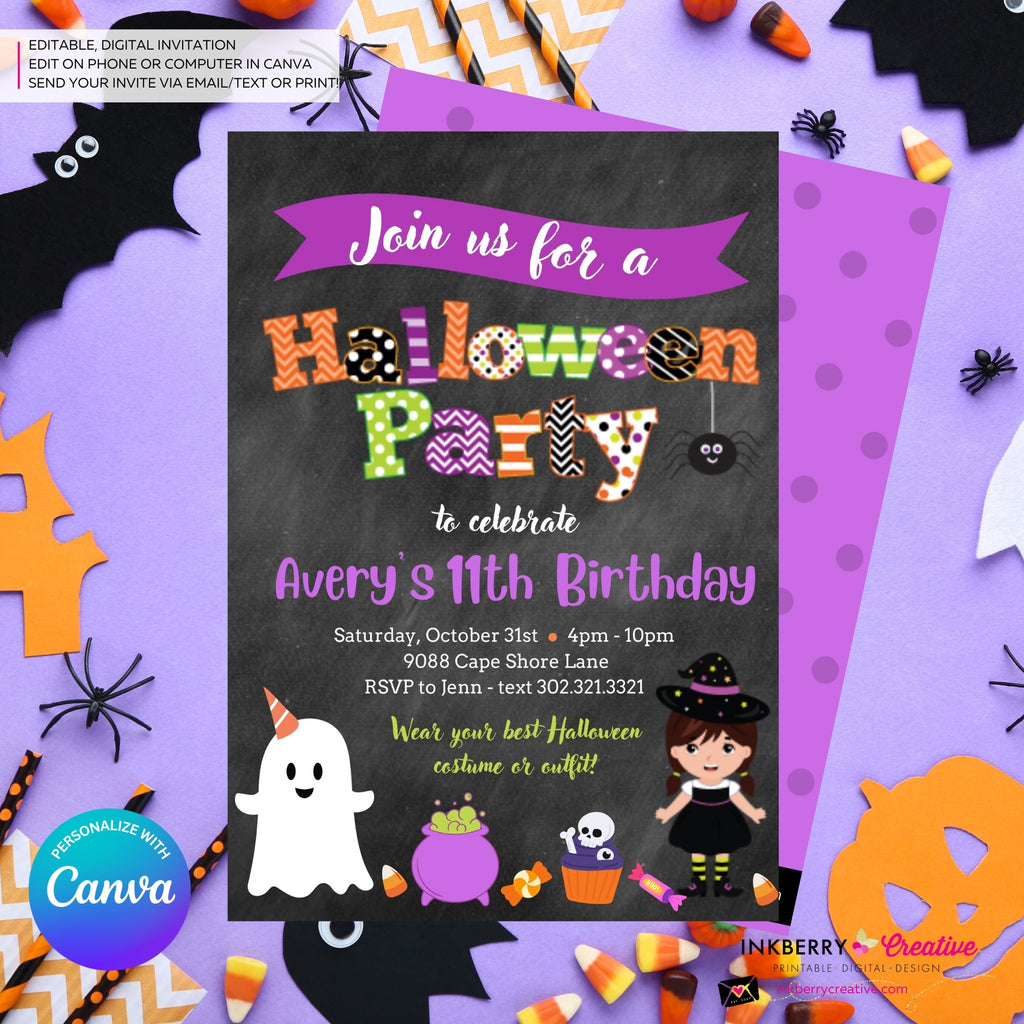 Cute Colorful Halloween Party Invitation - Chalkboard - Editable in Canva