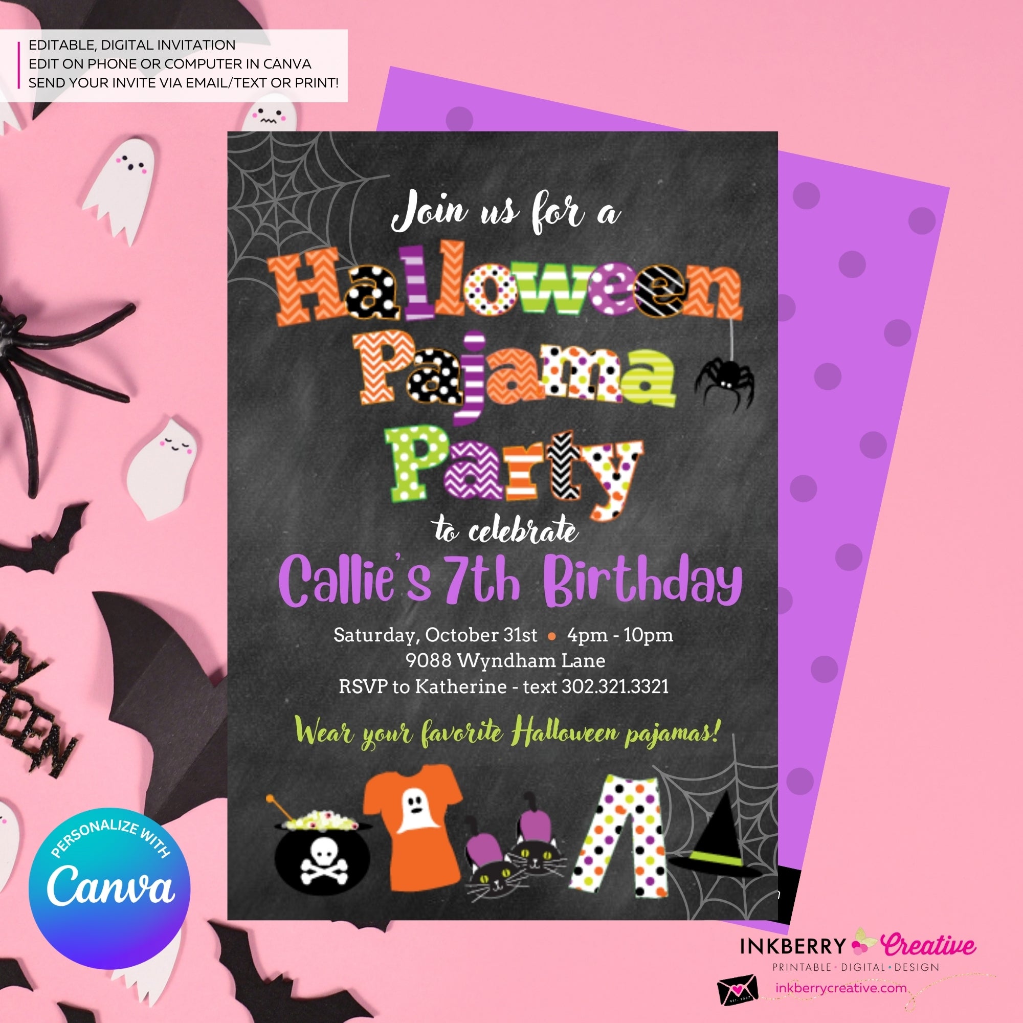 Halloween Pajama Party Invitation - Chalkboard - Editable in Canva