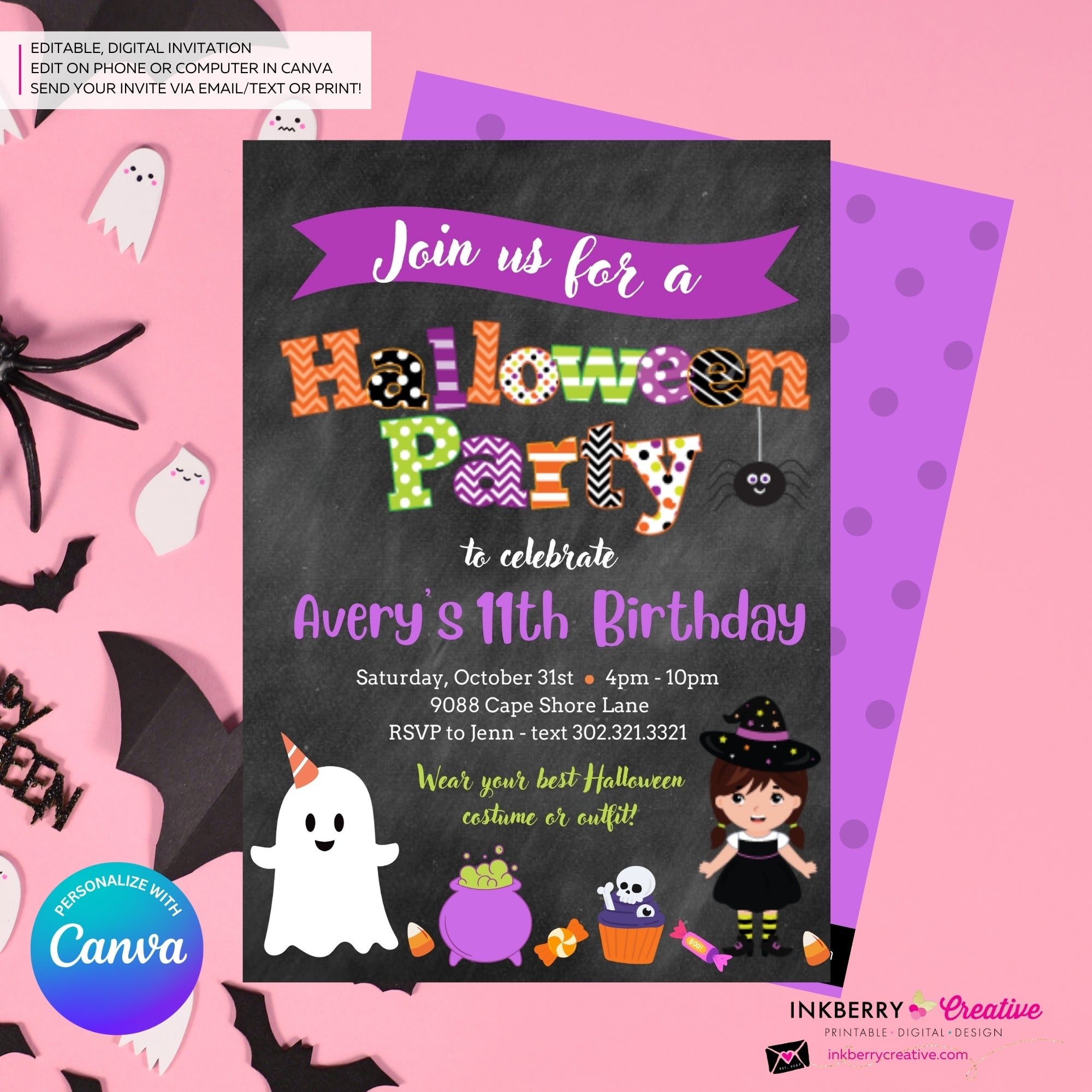 Cute Colorful Halloween Party Invitation - Chalkboard - Editable in Canva