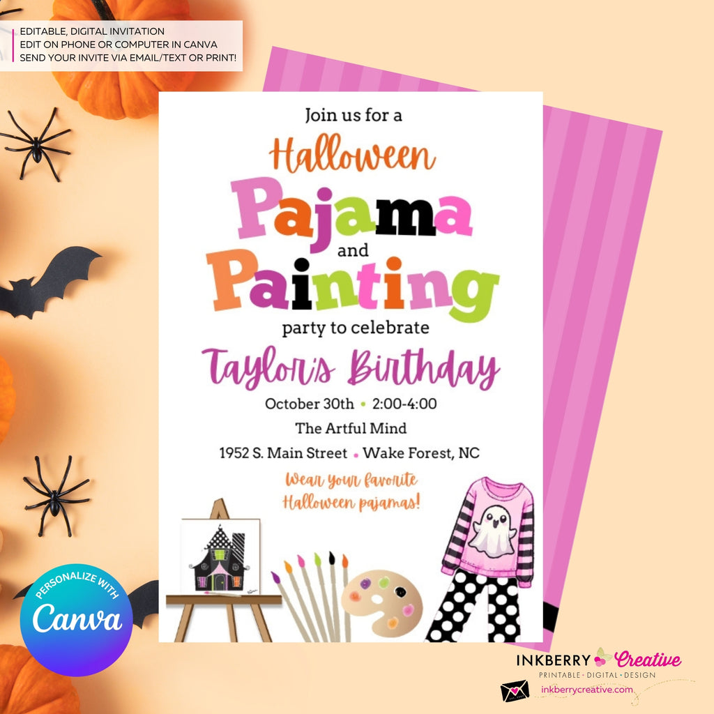 Girls Halloween Pajama and Painting Birthday Party Invitation - White - Editable in Canva