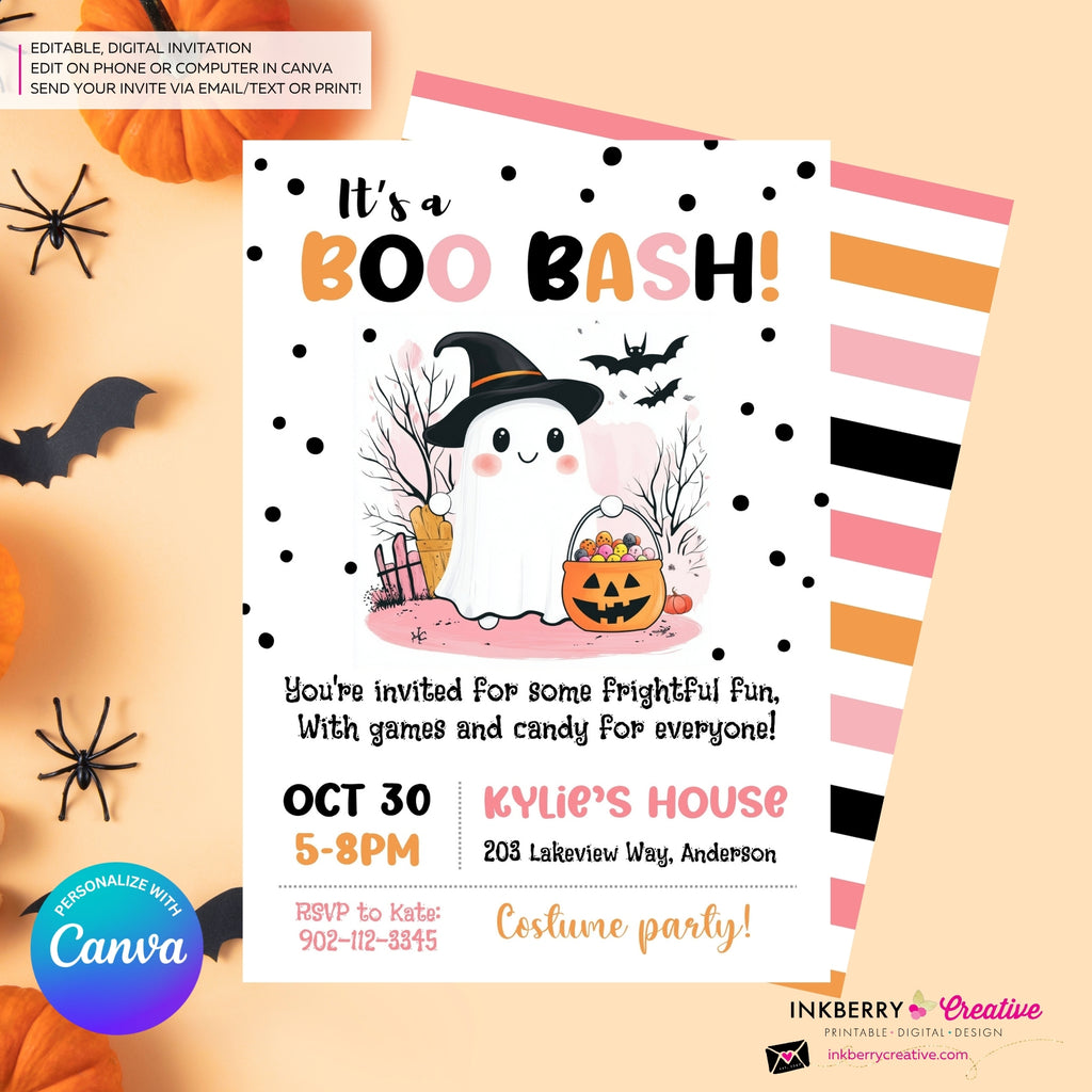 BOO Bash Cute Ghost Halloween Party Invitation, Pink Orange Purple Halloween - Editable in Canva