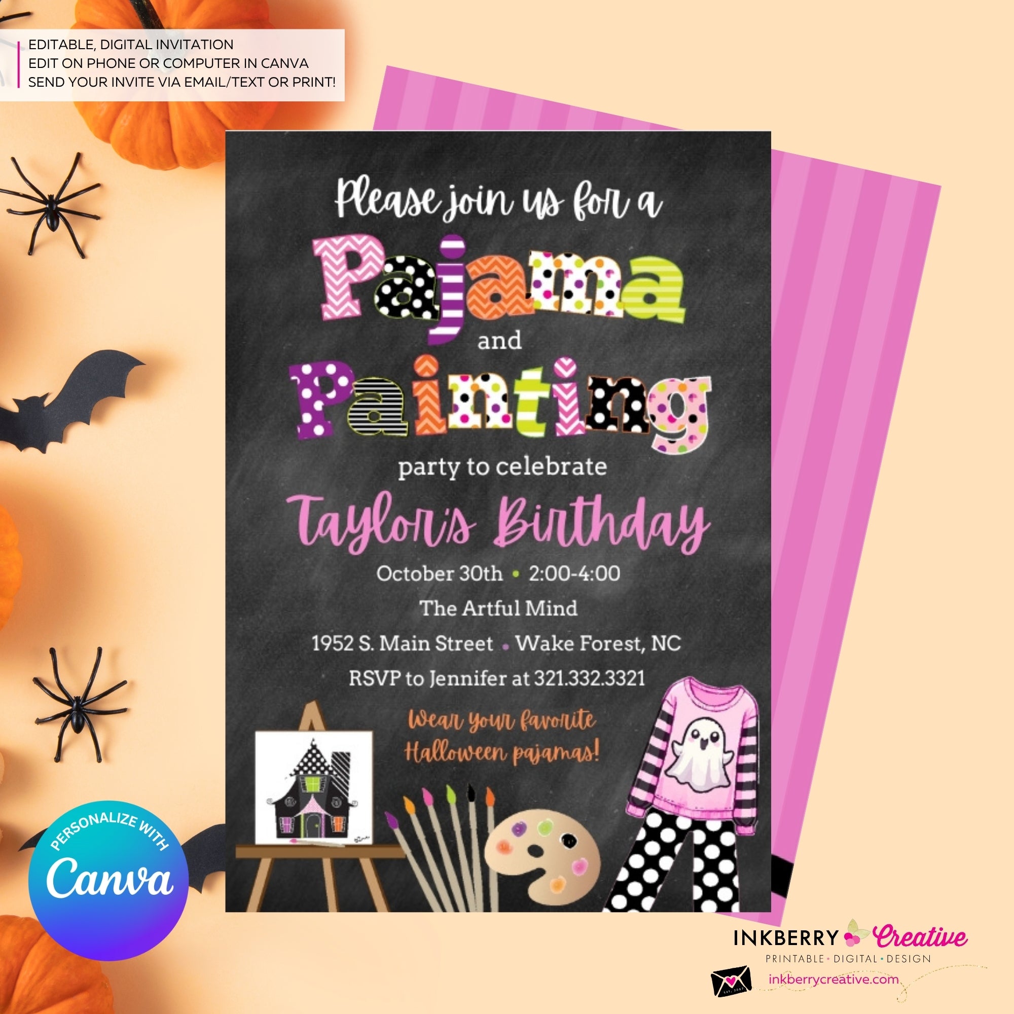 Girls Halloween Pajama and Painting Birthday Party Invitation - Chalkboard - Editable in Canva
