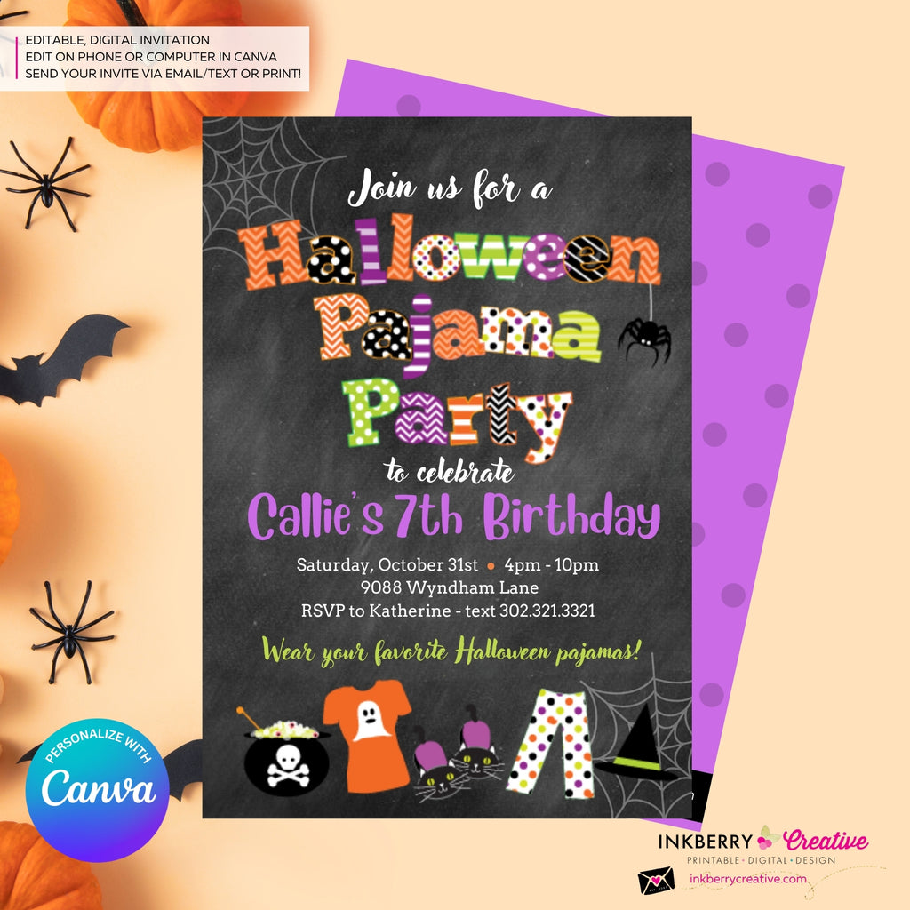 Halloween Pajama Party Invitation - Chalkboard - Editable in Canva